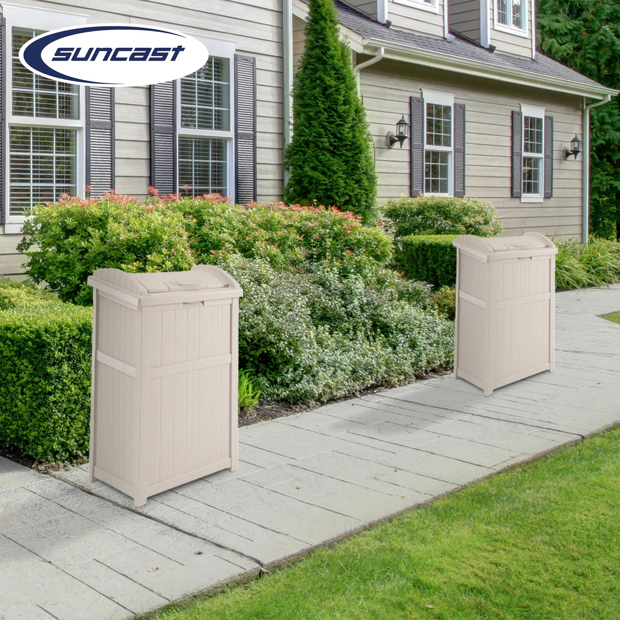 Suncast 30-33 Gallon Deck Patio Resin Garbage Trash Can Hideaway  Taupe (2 Pack)