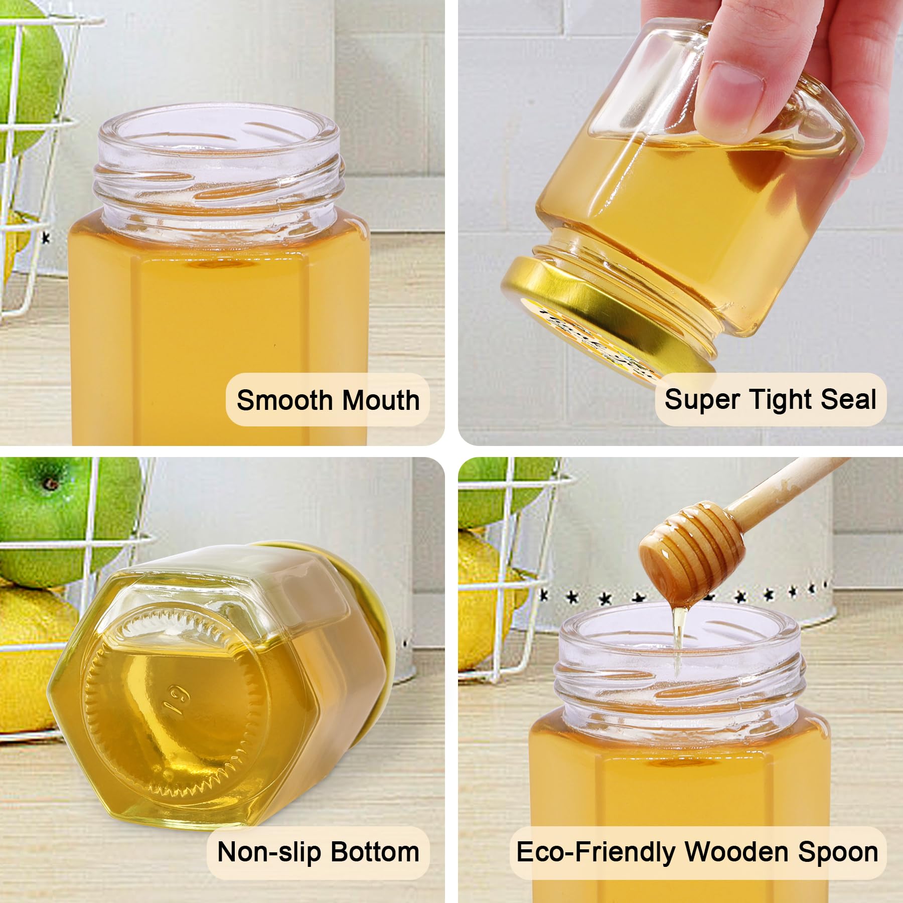 Aliggbent 70 Pack Small Honey Jars for Party Favors in Bulk, 3 oz Mini Hexagon Glass Honey Jars with Dippers, Lids, Cute Sticker