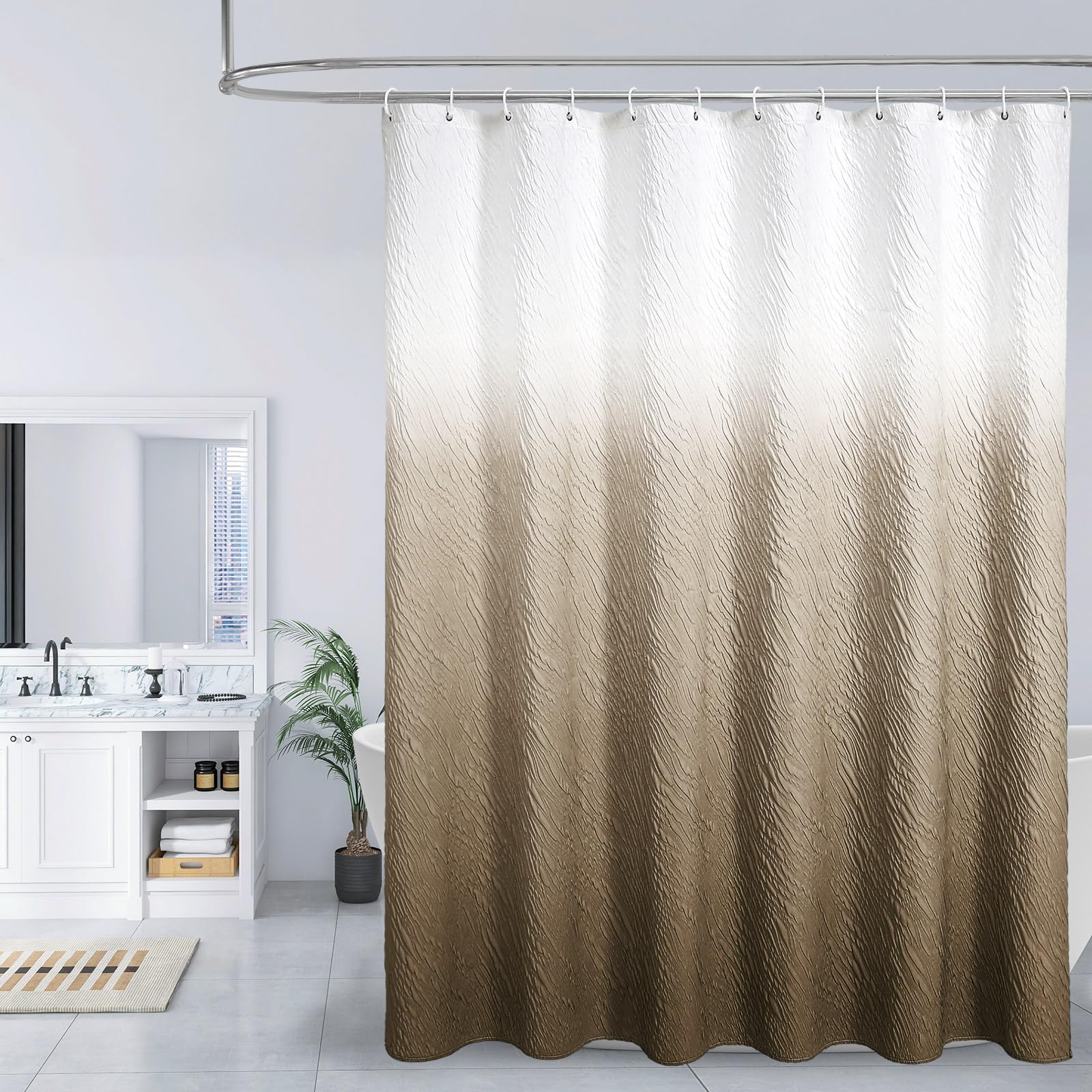 Mitovilla Brown Ombre Shower Curtain Set With Hooks, Waves Textured Fabric Shower Curtains For Modern Luxury Bathroom Decor, 3D