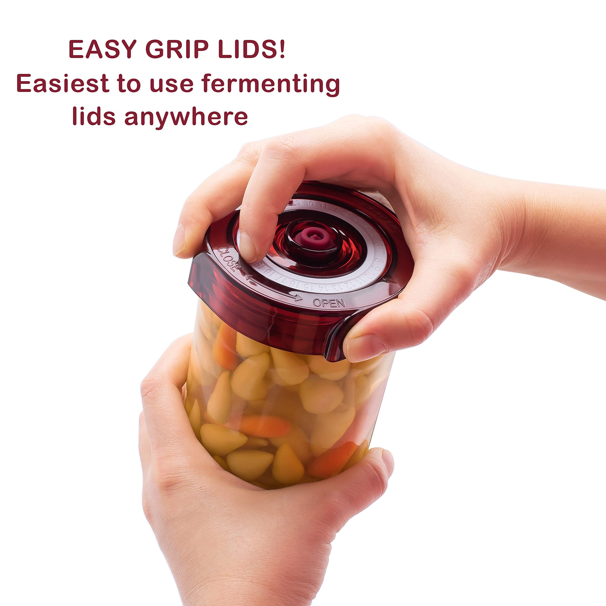 Brillenti Fermenting Lids Kit for Wide Mouth Mason Jars - 4 Waterless Airlock Lids + Pump, Easy Grip, Red, Model 8541956749