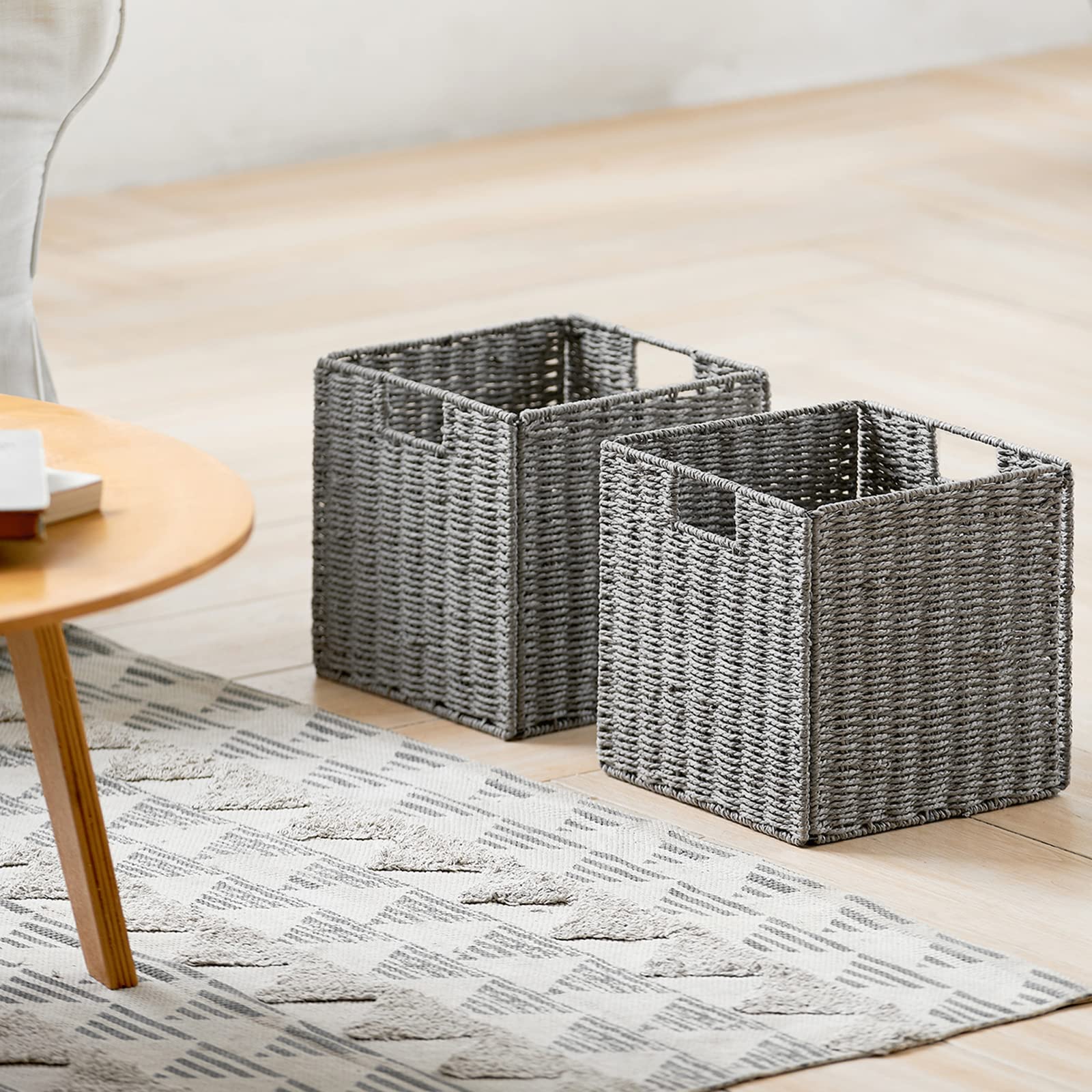 Vagusicc Wicker Storage Baskets, Set Of 2 Hand-Woven Storage Baskets For Shelves With Handles, Foldable Cube Storage Baskets Bin