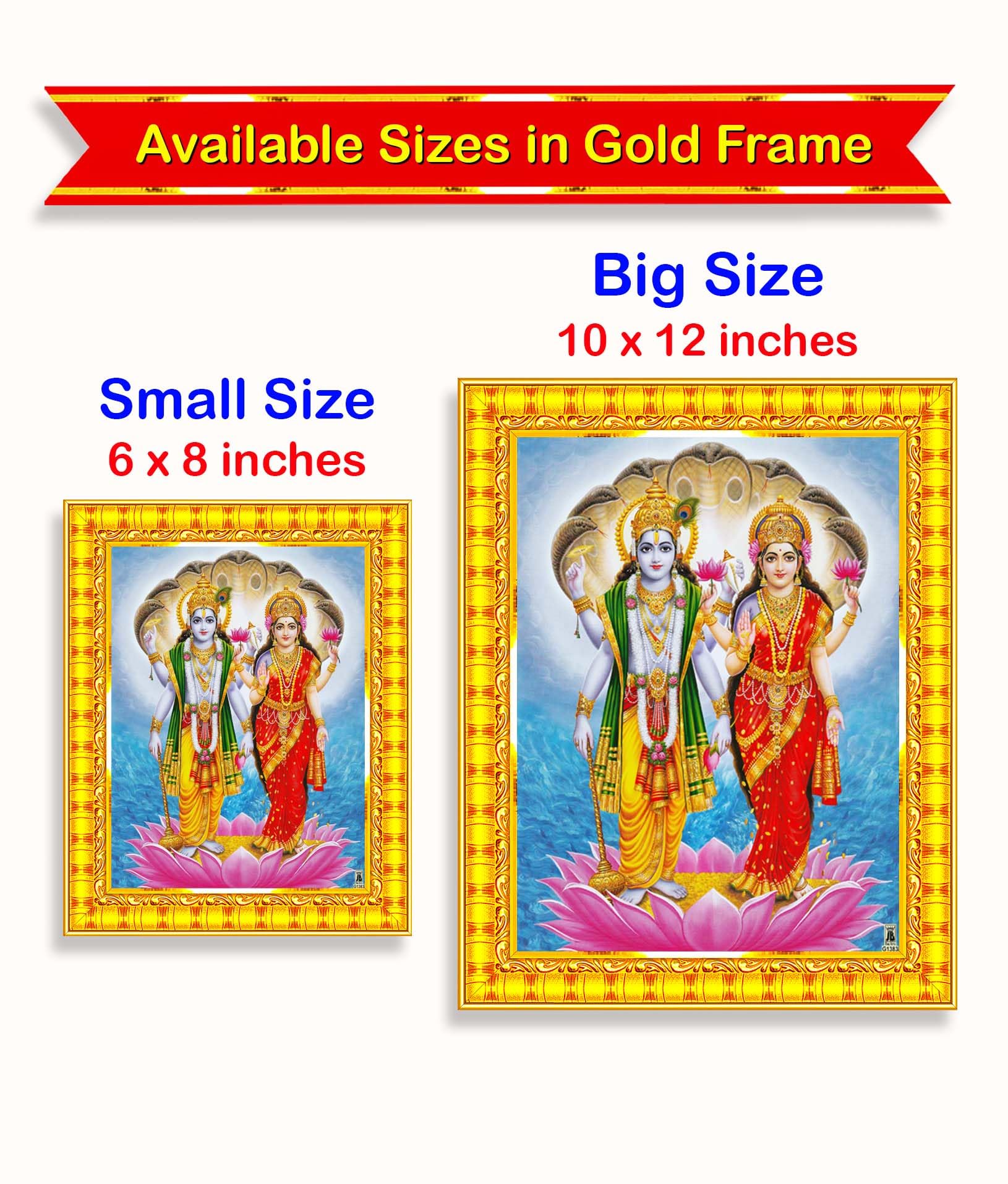 Pavan Photo Laminations Lord Vishnu Dev Lakshmi Devi Laxmi Narayan Ji Wall Painting Framed Home Decor (Wood,Matte,Gold,Small Siz