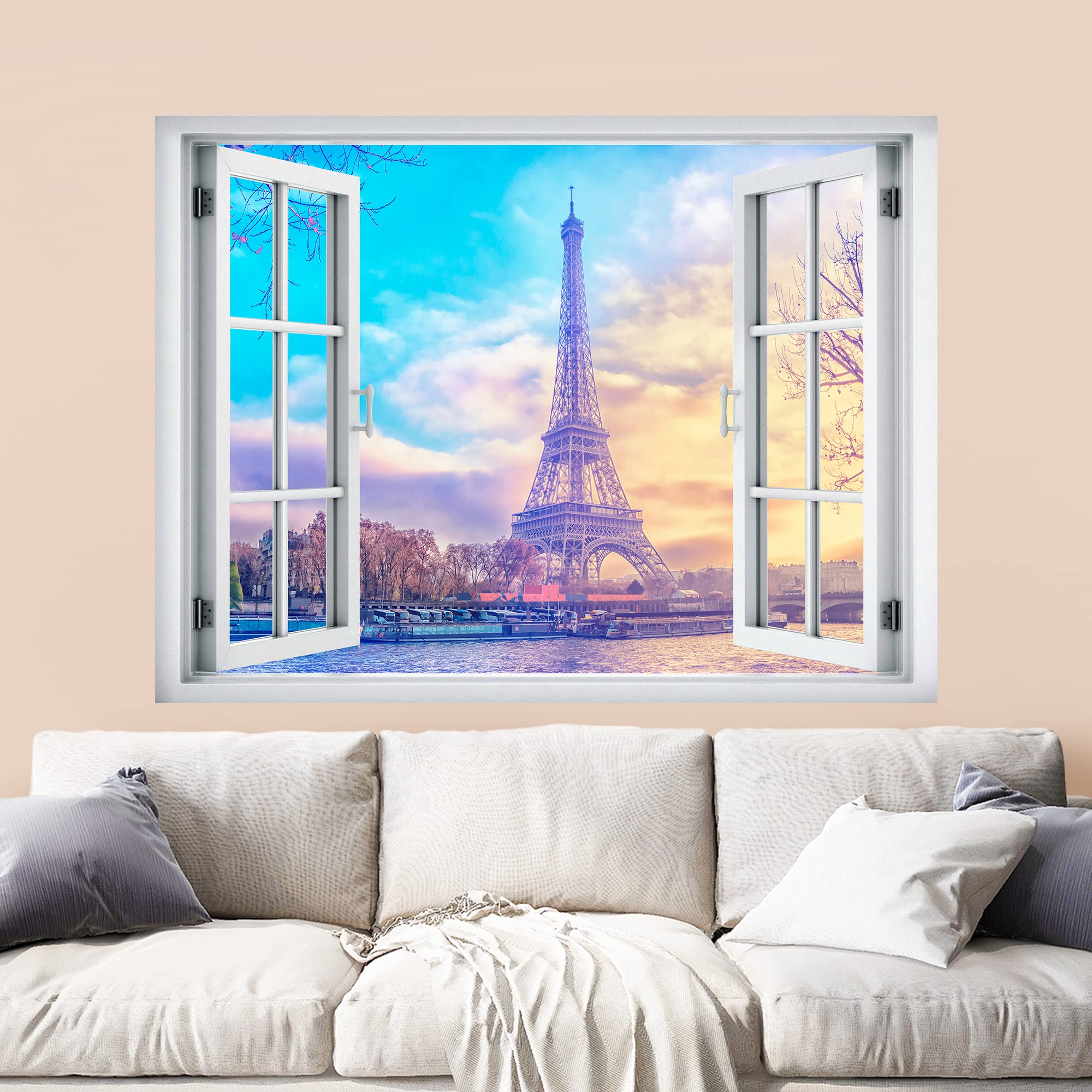 wall26 Removable Wall Sticker/Wall Mural Window View Pastel Sunset Paris France Eiffel Tower Nature Wilderness Photography Realism Landscape Multicolor for Living Room  Bedroom  Office - 24''x32''