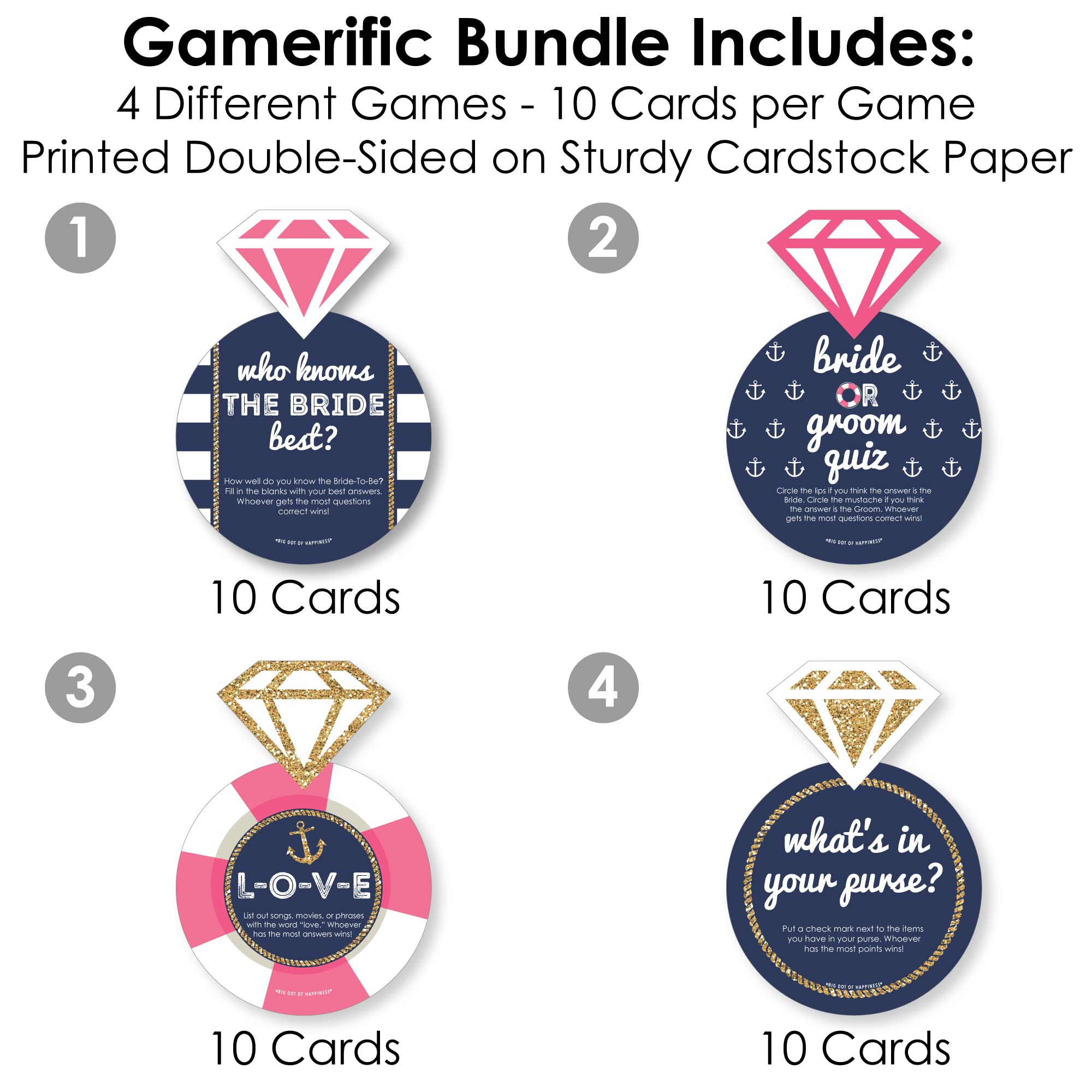 Big Dot Of Happiness Last Sail Before The Veil - 4 Nautical Bridal Shower Games - 10 Cards Each - Gamerific Bundle