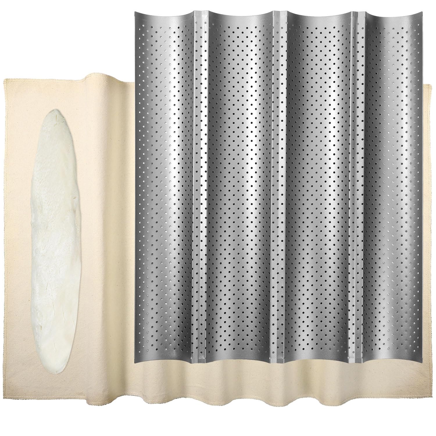 Lasuroa French Bread Baking Pan With Professional Proofing Cloth, 4 Loaves Baguette Bread Pan Long Sourdough Bread Baking Tray P