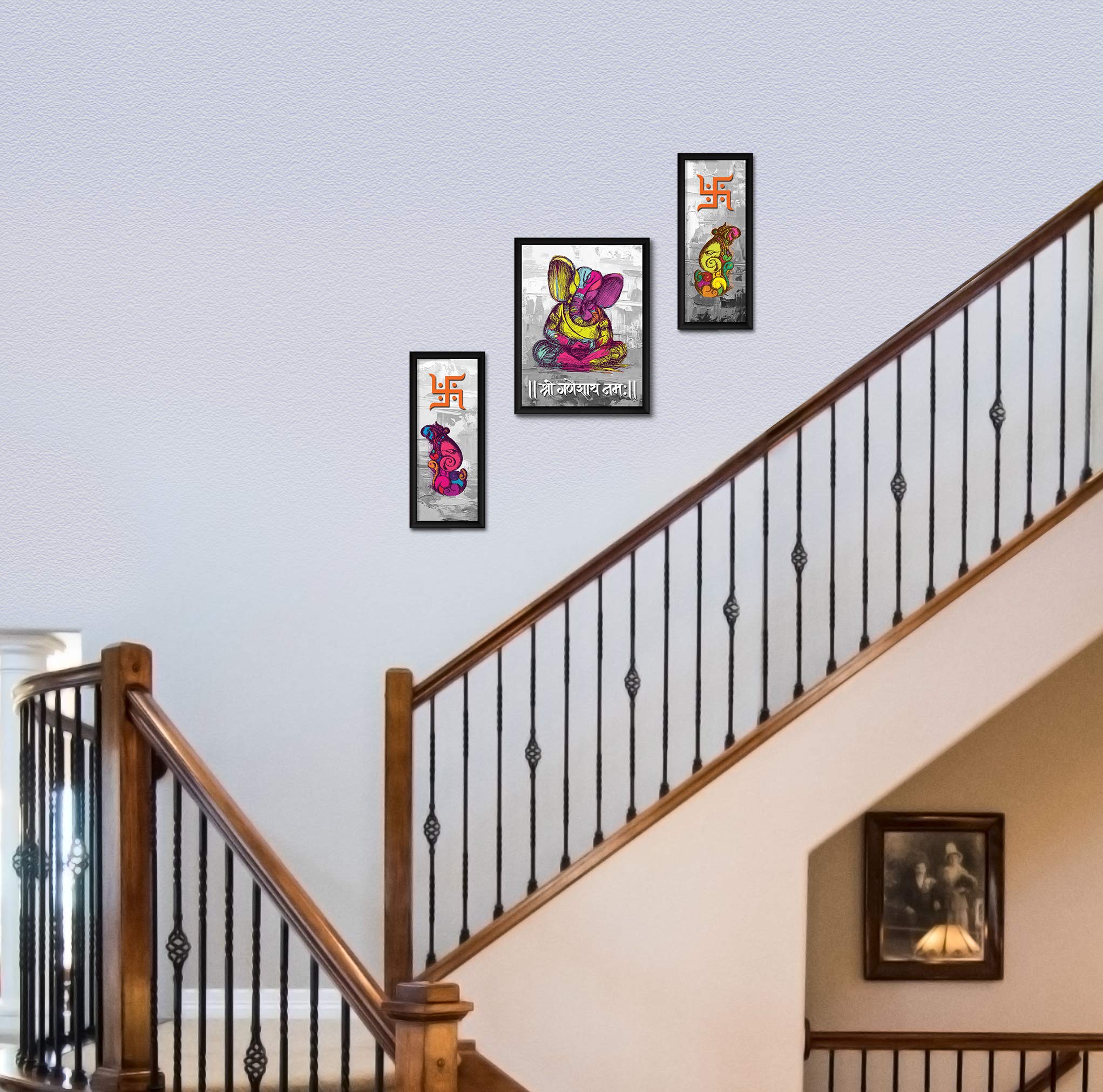 ArtX Paper God Ganeshji Swastika Photo Frame for Wall Art Painting, Multicolor, Abstract, 13 X 22 Inches, Set of 3