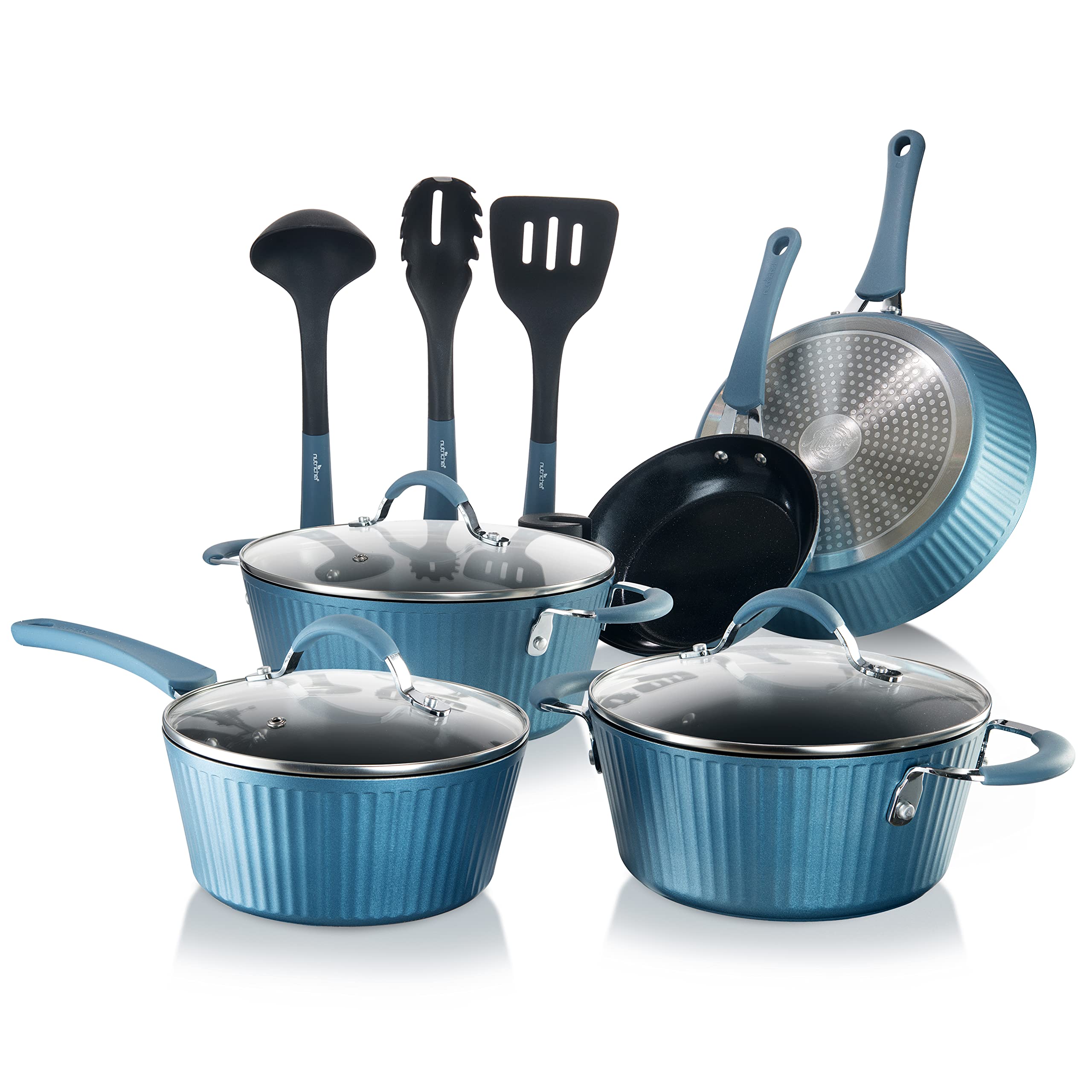 NutriChef 14 Piece Nonstick Black Ceramic Cookware Set  Pots and Pans with Glass Lids, CoolTouch Handles, Even Heat Distributi