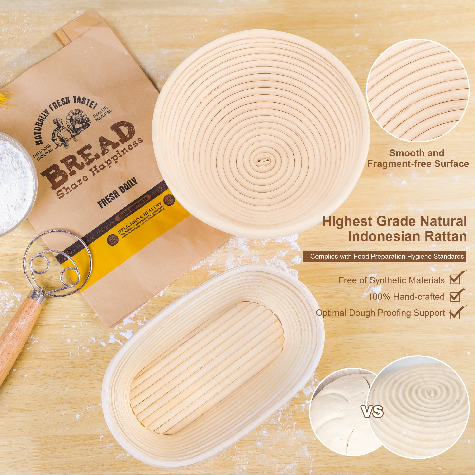 Mitees 2 Pack Bread Proofing Basket With Linen Liner, 10 Inch Oval & 9 Inch Round Sourdough Starter Kit For Bread Baking, Sourdo