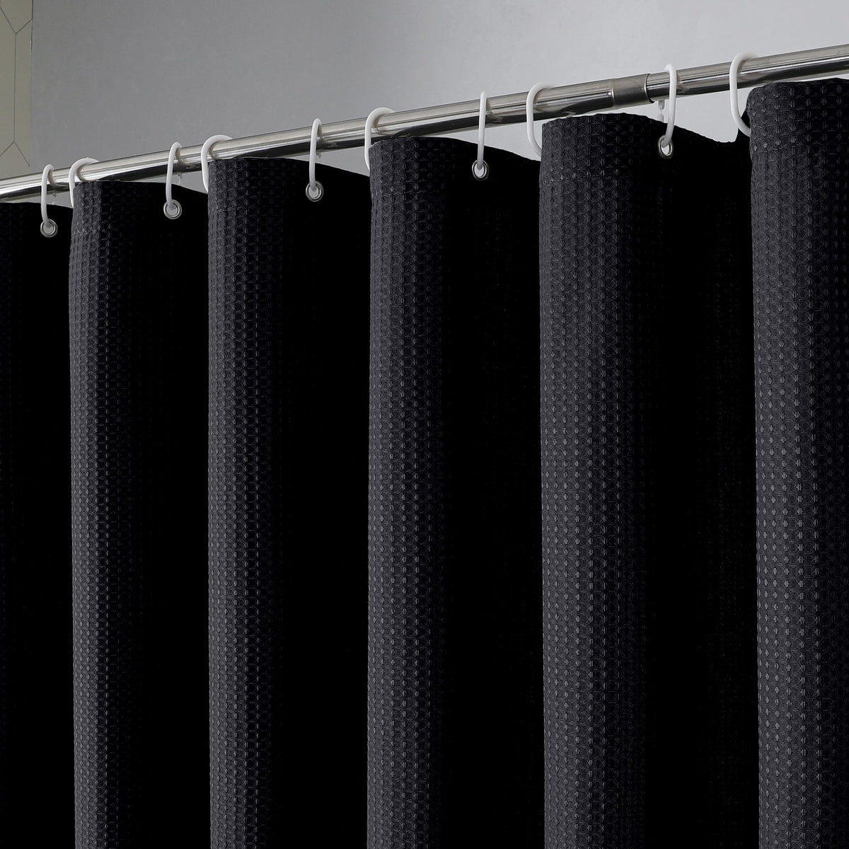 Ovzme Black Shower Curtain Set, Waffle Textured Heavy Duty Fabric Shower Curtain For Bathroom, Luxury Hotel Weighted 230Gsm Bath