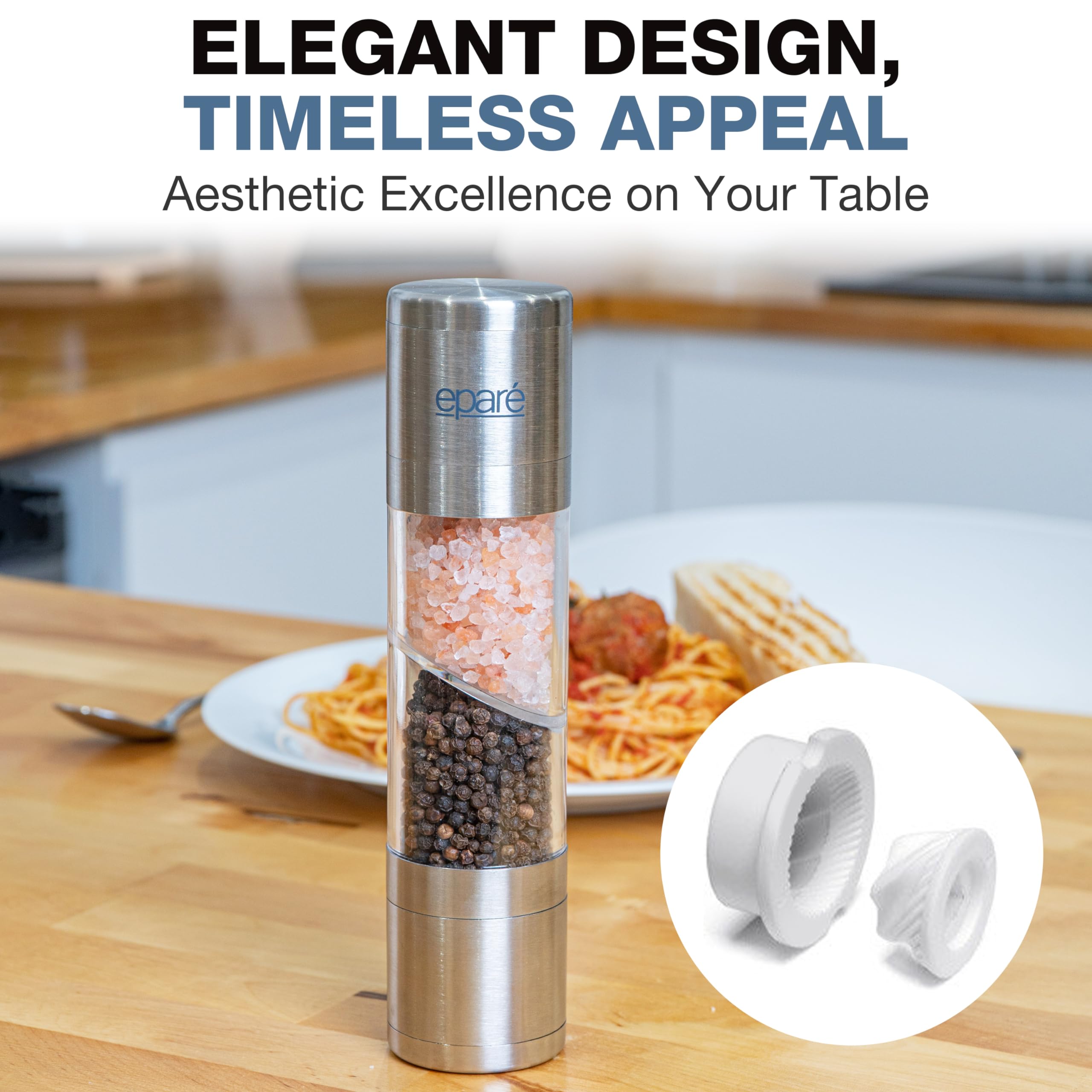 Eparé 2 in 1 Salt and Pepper Grinder Combo – Manual Stainless Steel Mill, Pink Himalayan Salt, Model EPSPM006