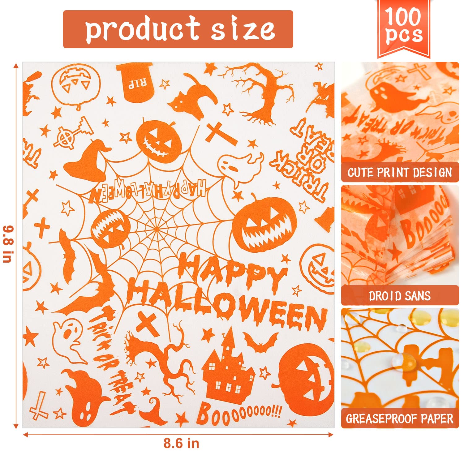 100 Pcs Halloween Wax Paper Food, Wax Paper Sheets Sandwich Wrap Paper Deli Wraps, Waterproof Oil-Proof Picnic Basket Liners Wit