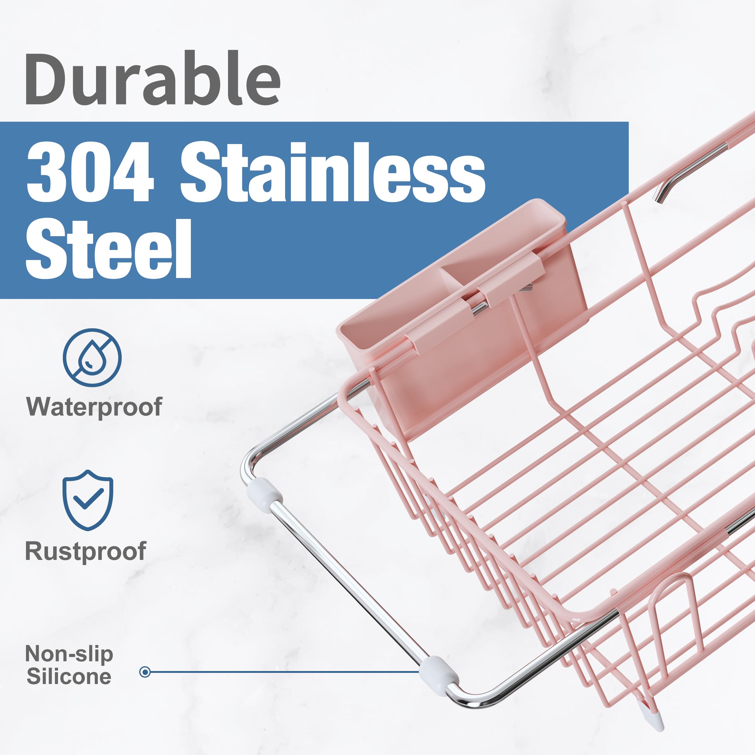 Over the Sink Expandable Dish Drainer Drying Rack In Stainless Steel for Small Kitchen, Counter Space Saving Compact Metal Above