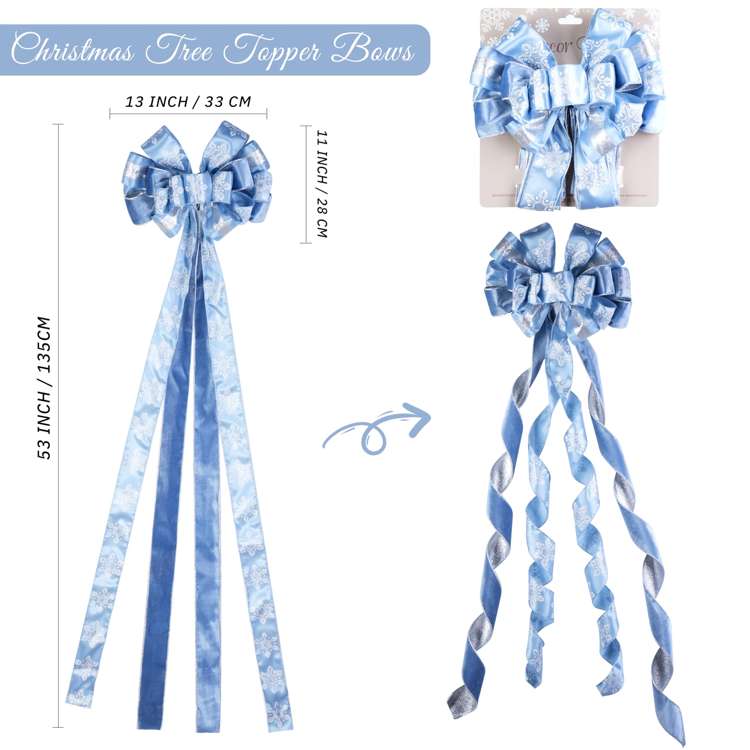 LIZLOVESS Dusty Blue and Silver Christmas Tree Toppers 13 x 53 Inch Large Decorative Bows with Streamer and Snowflake Patterns f