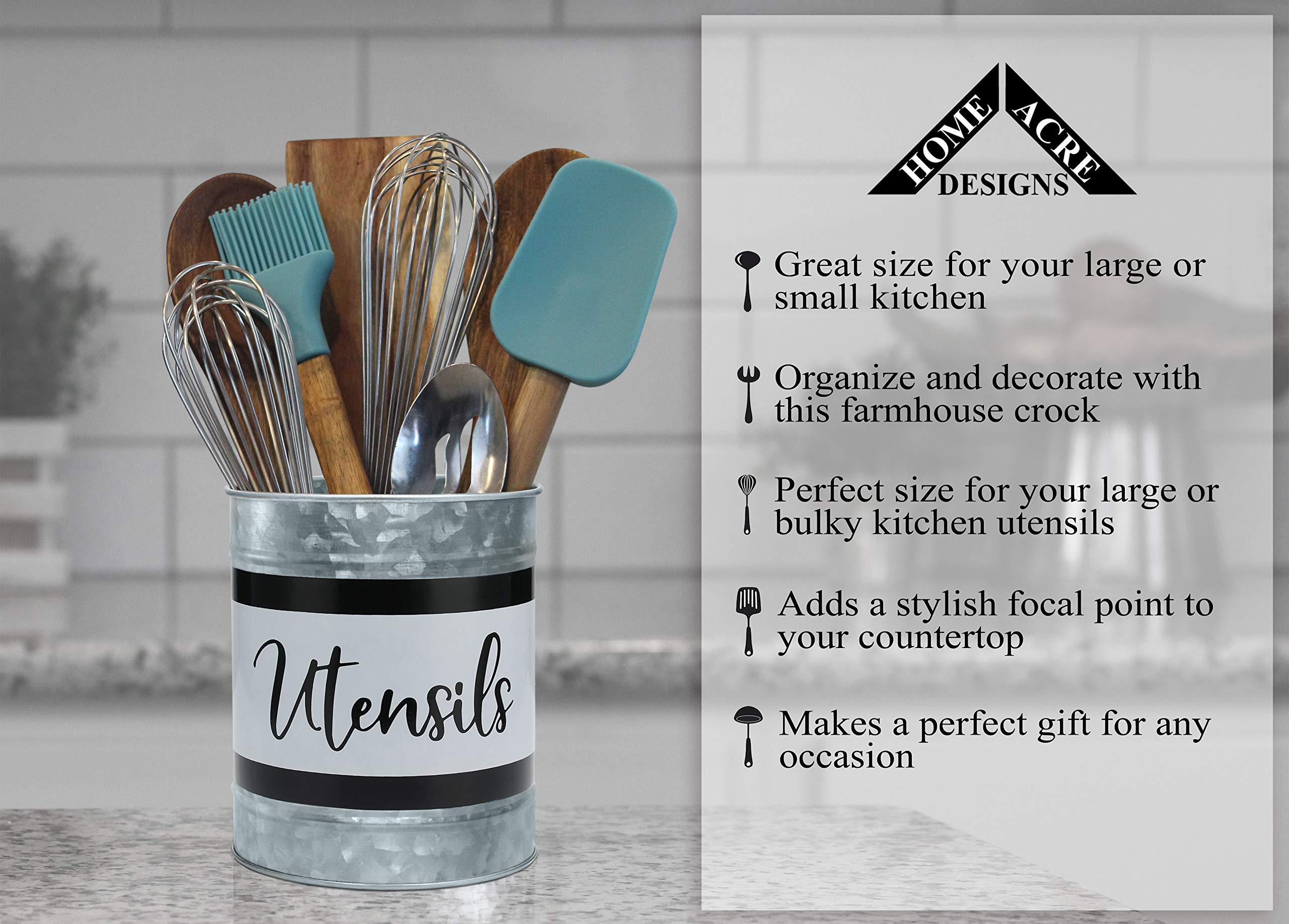 Home Acre Designs Kitchen Utensil Holder - Farmhouse Crock For Countertop Utensils, Black & White
