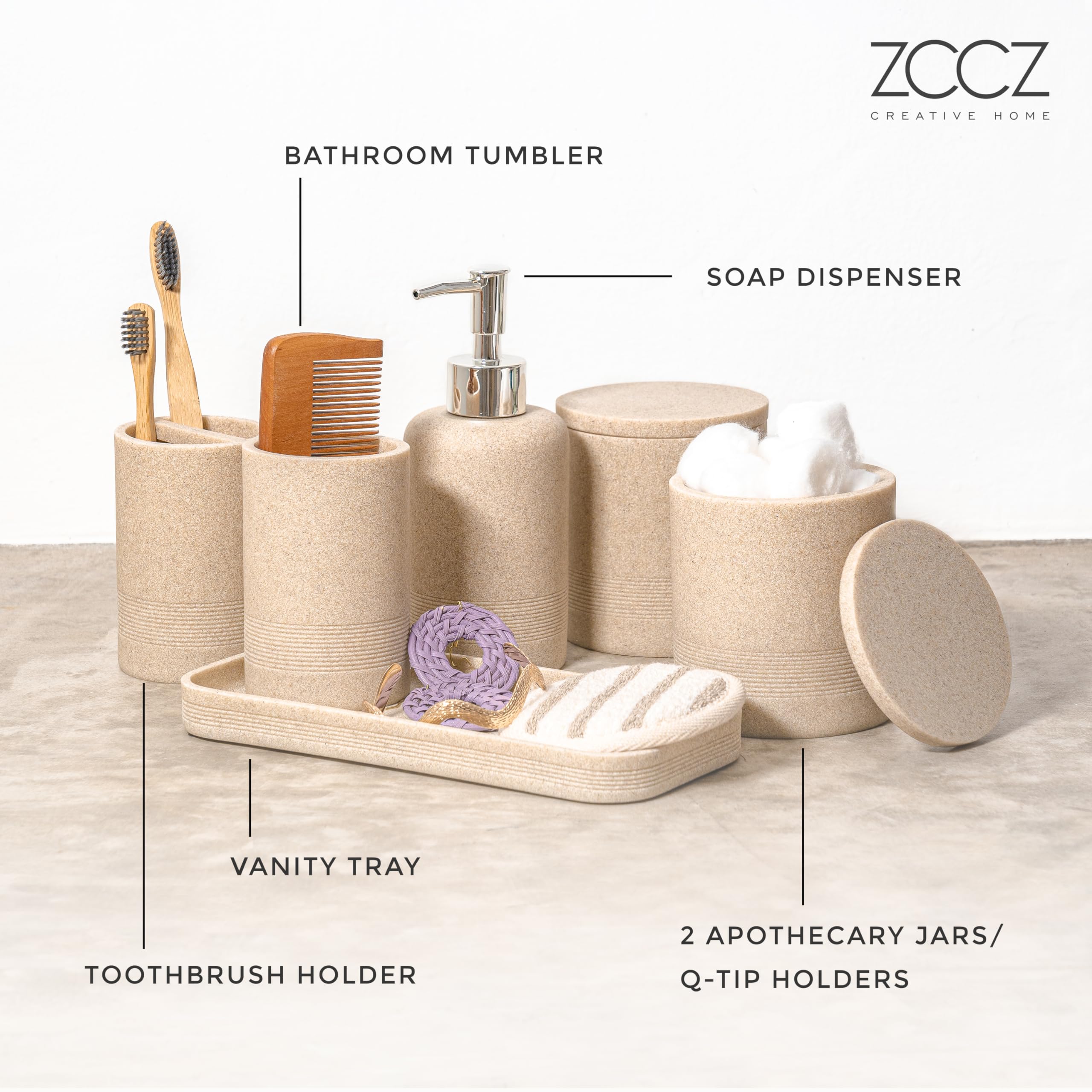 ZCCZ - Beige Bathroom Accessories Set 6 Pcs - Toothbrush Holder  Lotion Soap Dispenser  2 Qtip Holder Dispensers  Vanity Tray  Bathroom Tumbler - Countertop Vanity Organizer - Bathroom Accessory Set