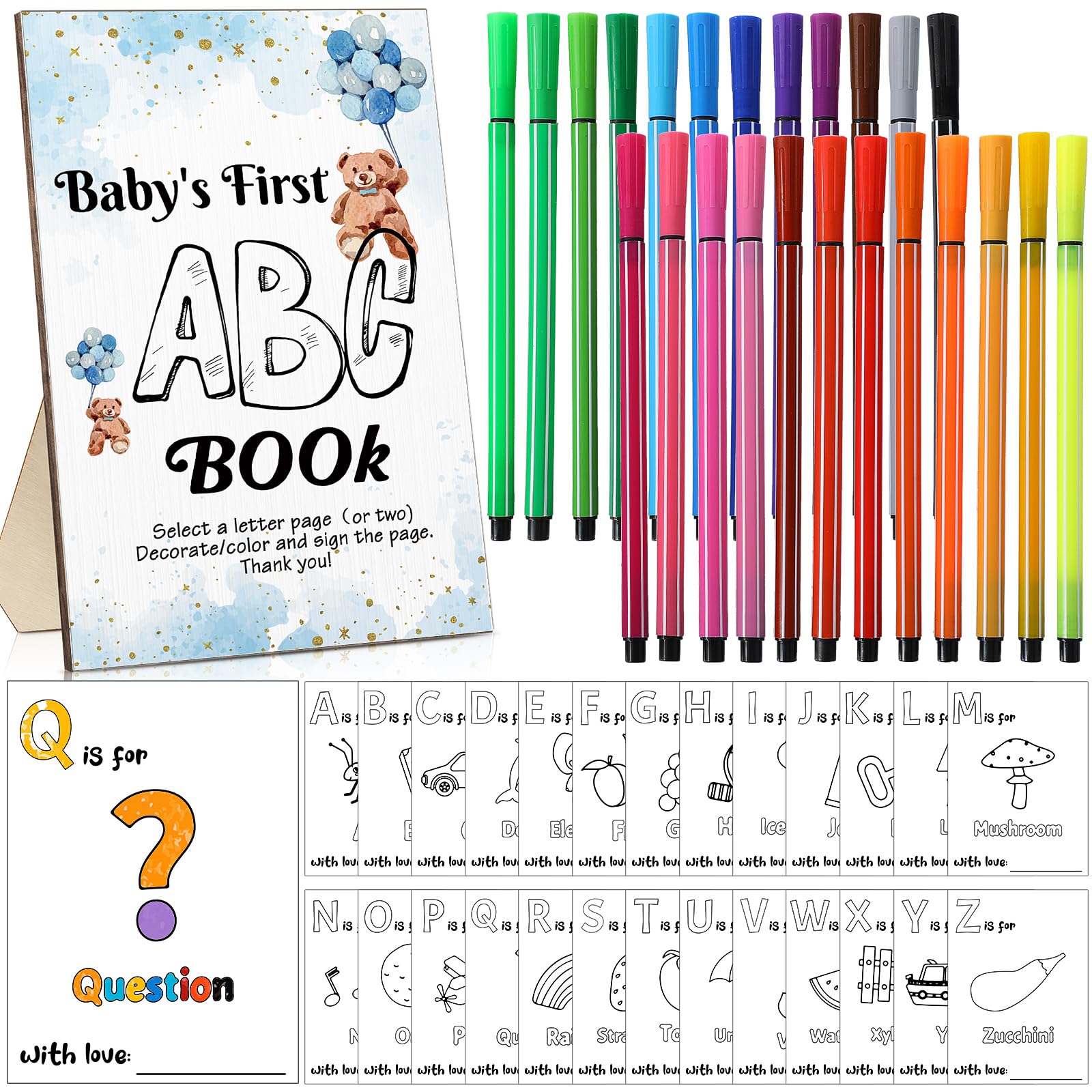 Geelin Fun Baby Shower Game Kid'S Abc Book Sign 26 Coloring Game Card Alphabet A To Z Coloring Card 24 Watercolor Pen For Baby S