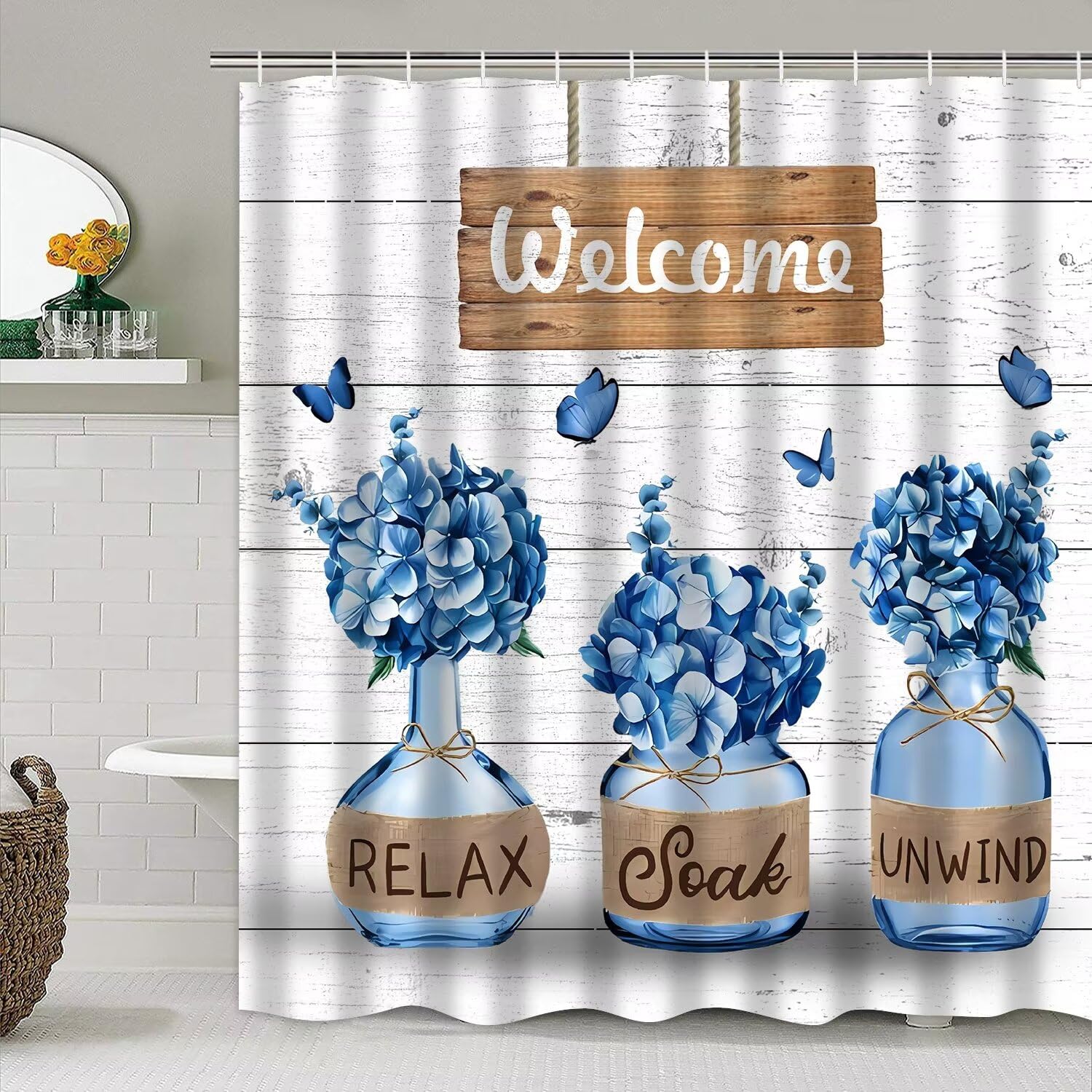 Azhm Blue Hydrangea Shower Curtain Sets For Bathroom 4 Pcs Welcome Bathroom Sets With Shower Curtains And Rugs And Accessories F