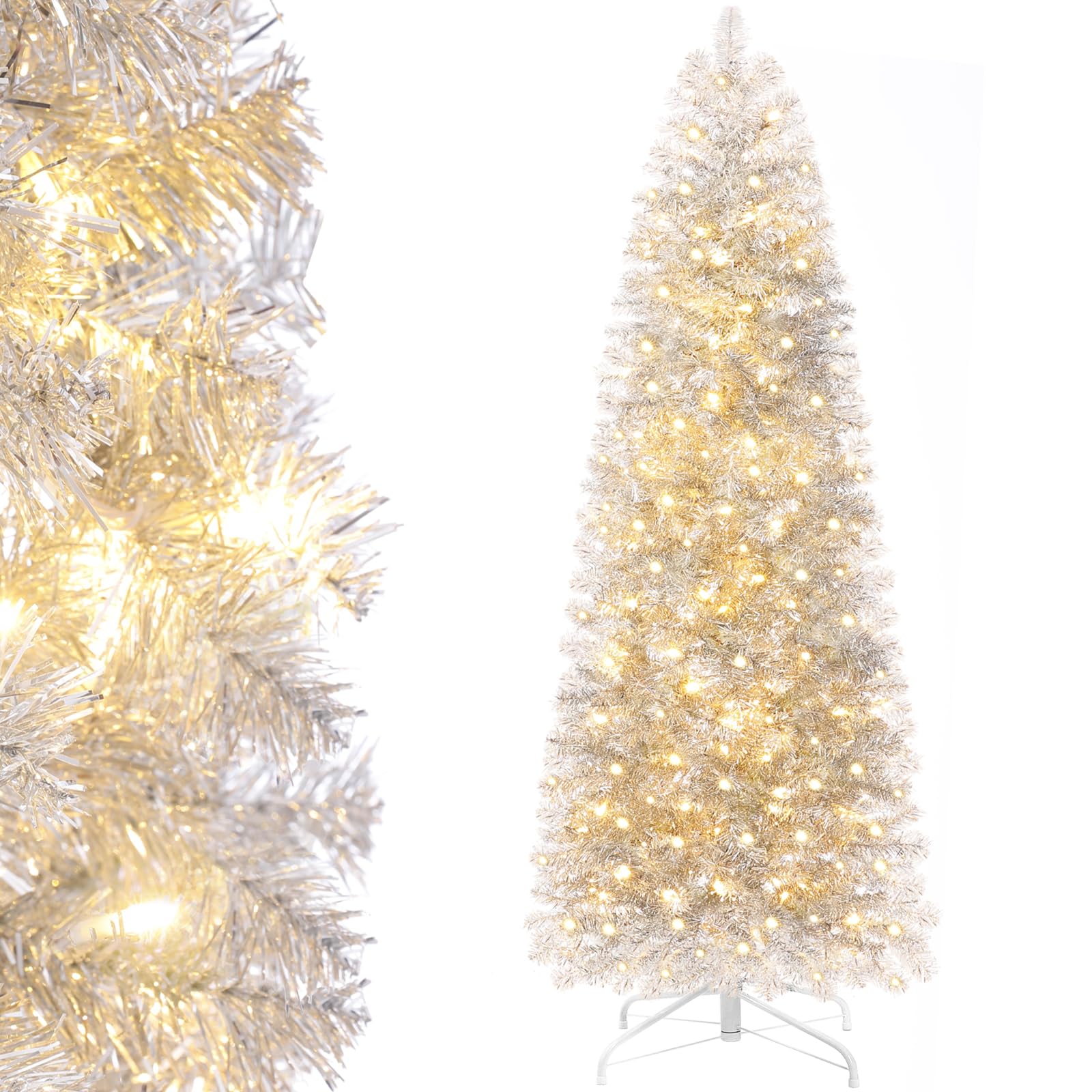 Decoway Pre-lit Pencil Christmas Tree 7.5ft Artificial Silver Tinsel Xmas Tree with Metal Stand