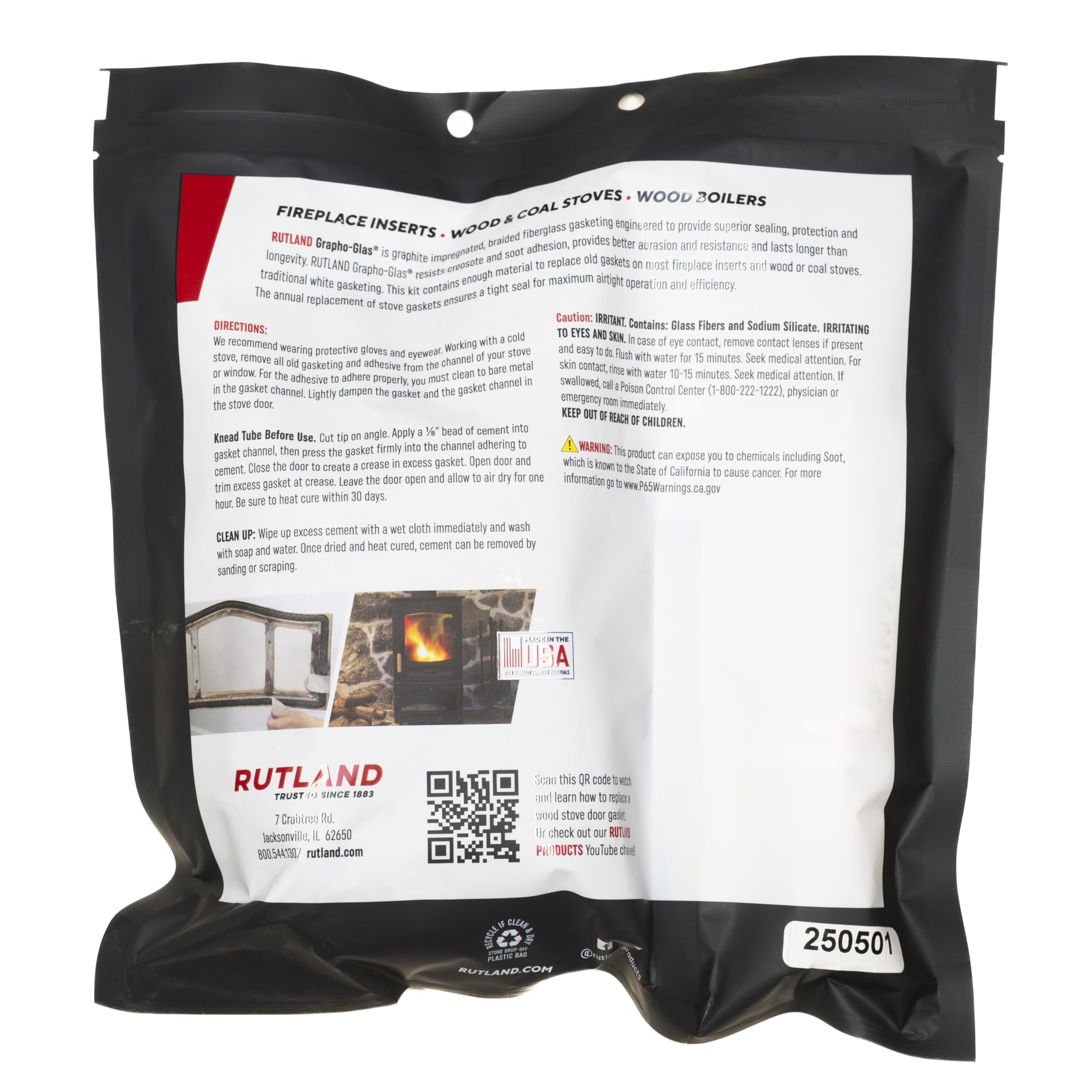 Rutland Wood Stove Gasket Replacement Kit  Graphite Impregnated Gasket & Adhesive  3/4 '' x 7 ' Rope