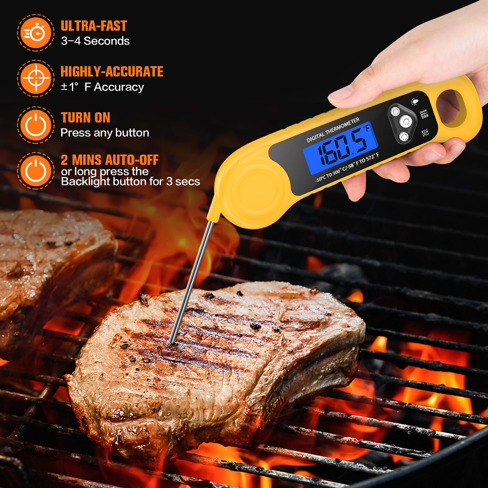 Ammzo Meat Thermometer Digital, Instant Read Food Thermometer Waterproof With Backlight For Cooking, Deep Fry, Bbq, Grill, Smoke