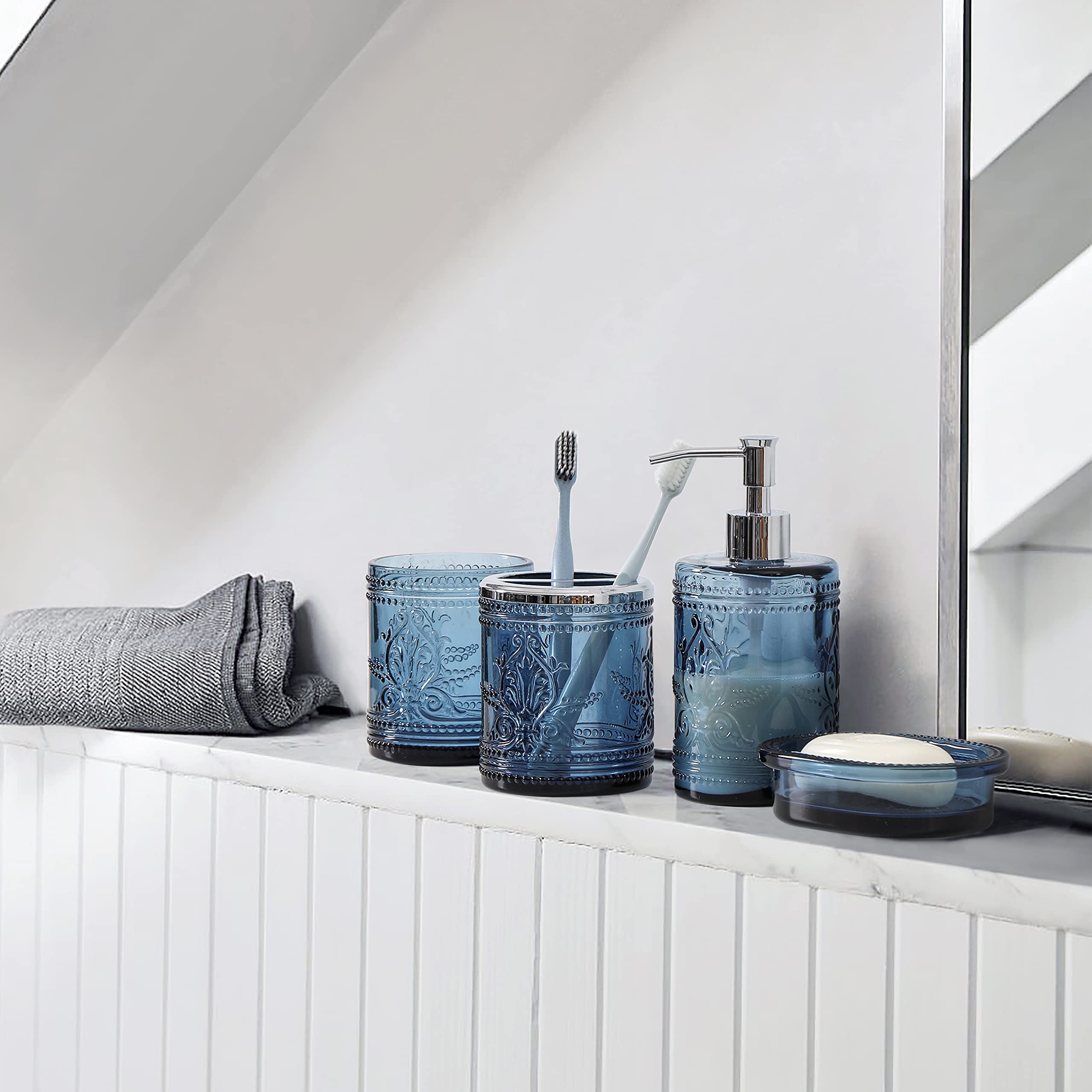 4Pcs Teal Blue Glass Bathroom Accessories Set With Decorative Pressed Pattern - Includes Hand Soap Dispenser & Tumbler & Soap Di