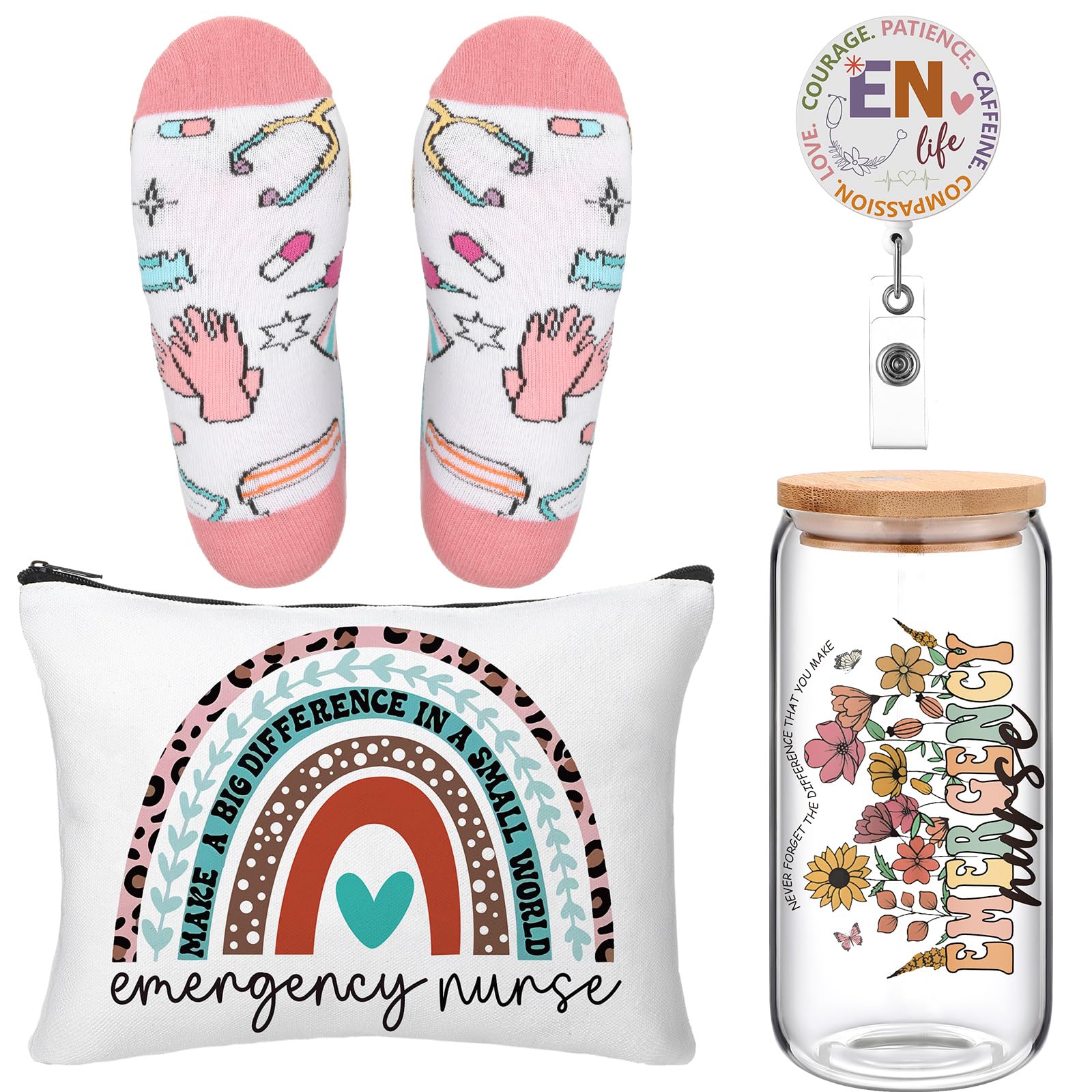 Skylety 5 Pcs Christmas ER Nurse Gifts for Women Set 16 oz Glass Cup Socks Cosmetic Bag Badge Holder Thank You Emergency Nurse A