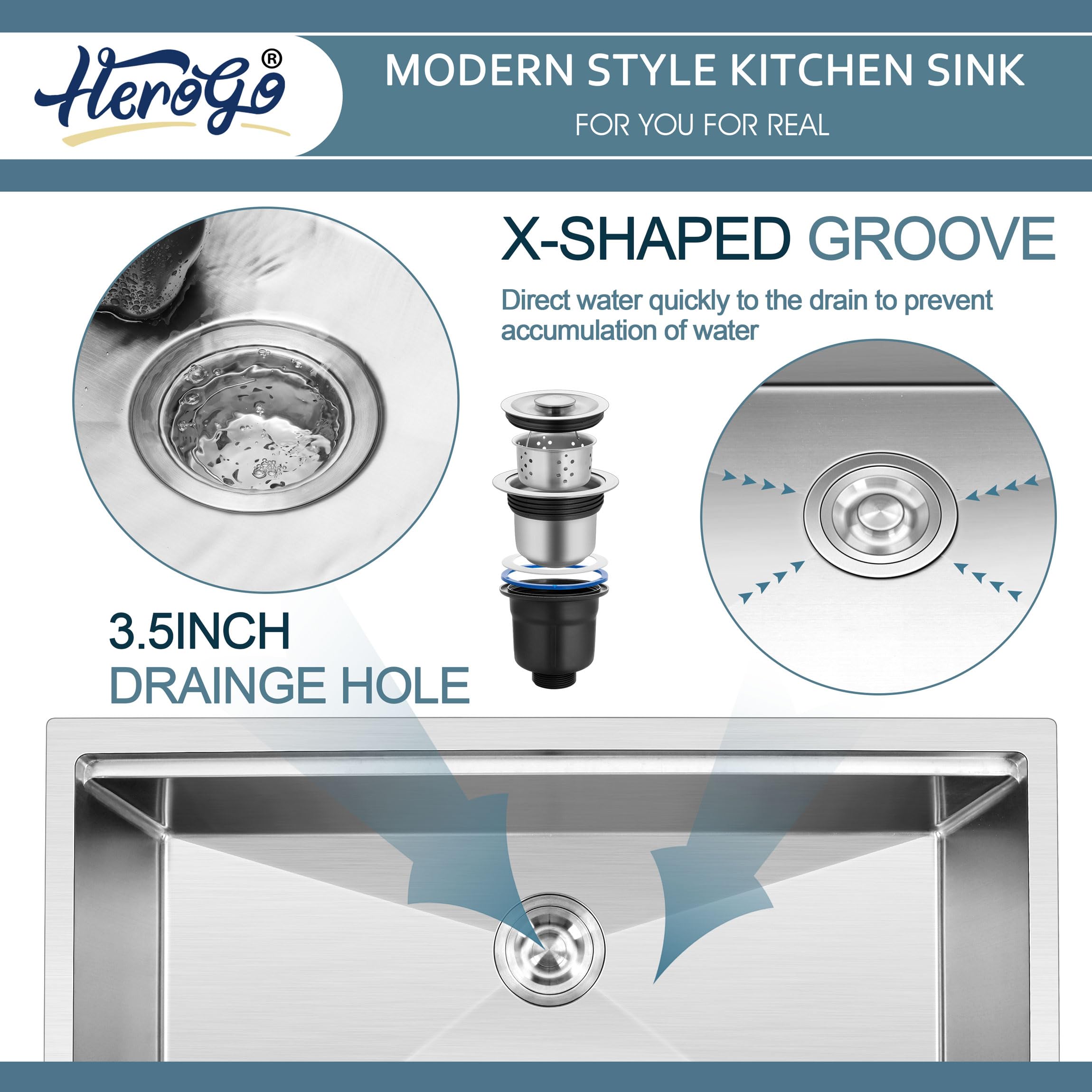 Herogo 33X19Inch Undermount Kitchen Sink, Stainless Steel Single Bowl Kitchen Workstaion Sink Basin, Handmade 10'' Deep Kitchen