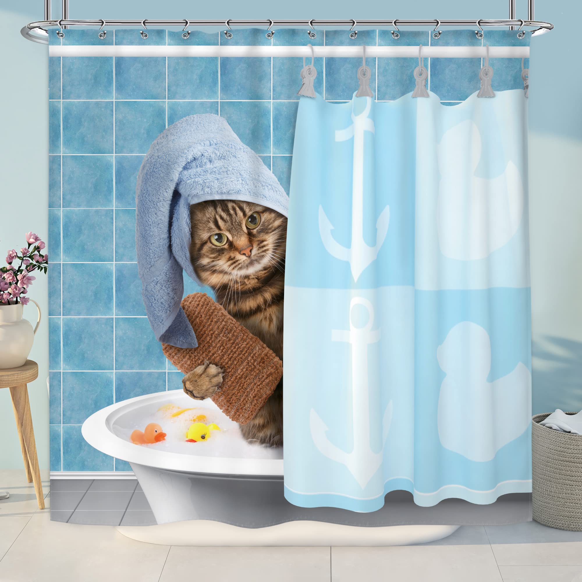 Riyidecor Funny Bathing Cat Shower Curtain 72Wx72H Kids Cute Cartoon Animal Kitten Yellow Rubber Duck Head 12 Pack Plastic Fabri