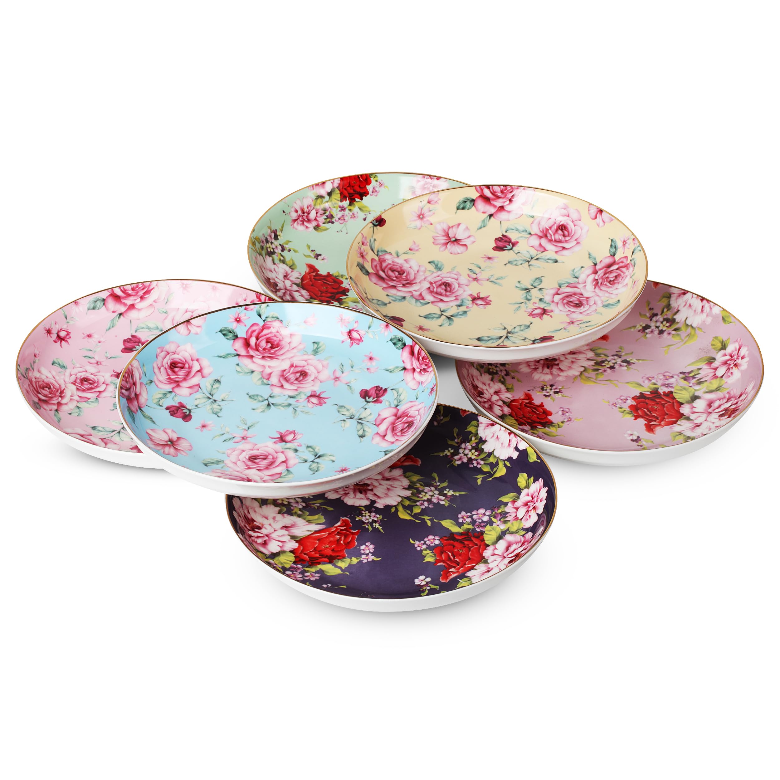BTaT- Porcelain Floral Dessert Plates, 8 inch, Set of 6, Deep Plates, Porcelain Bone China, Appetizer Plates, Floral Plates, Sal