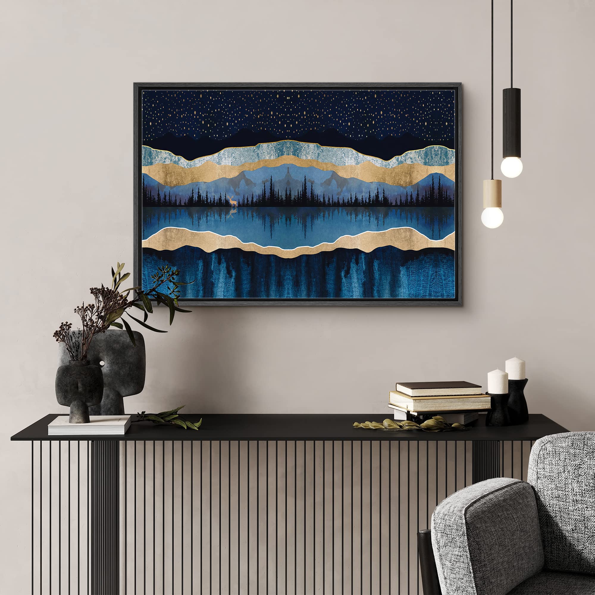 Signford Framed Canvas Print Wall Art Woodland Nursery Decor Blue Marble Mountains & Forest Reflection Abstract Wilderness Moder