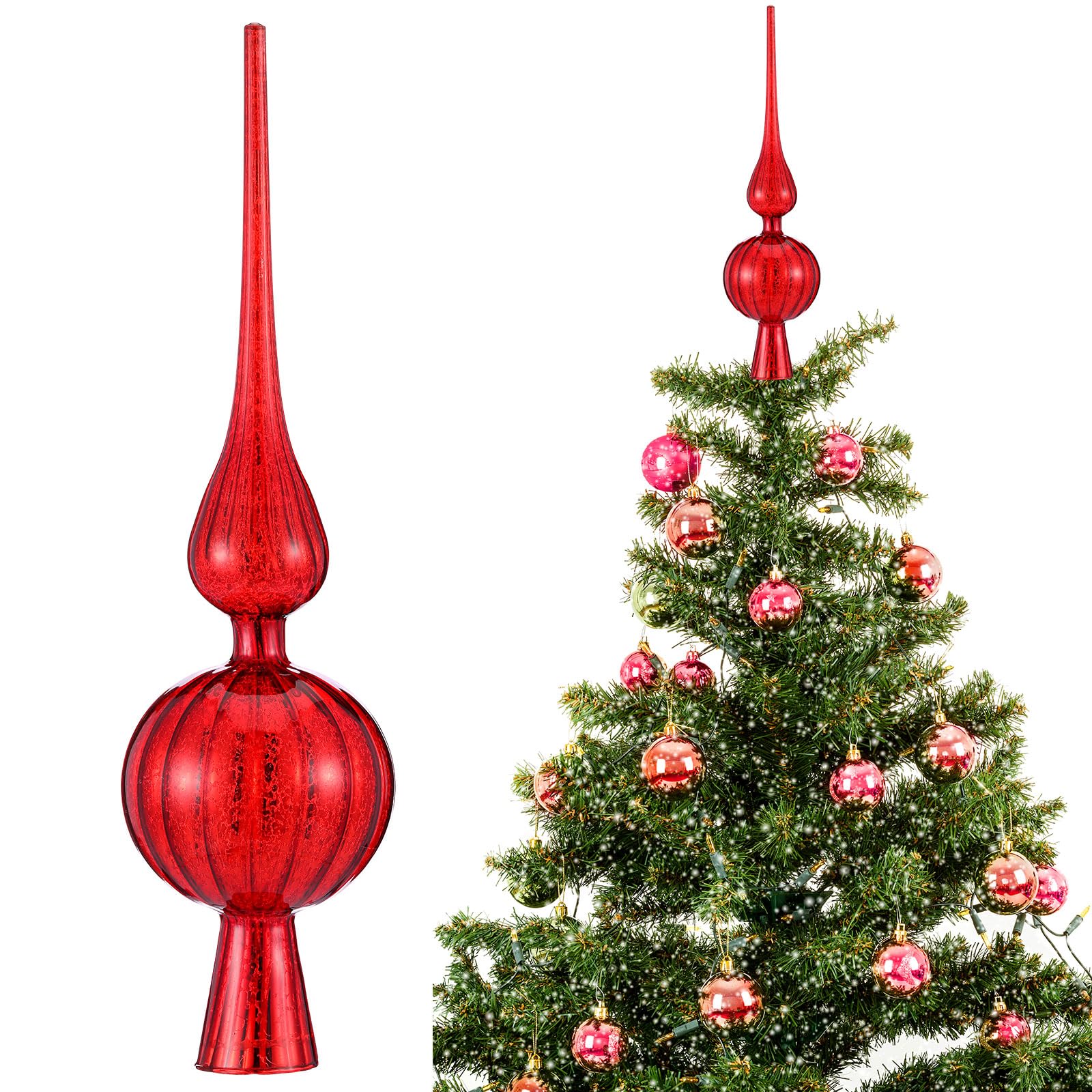 Gejoy Mercury Glass Finial Christmas Tree Topper 12 Inches Vintage Spherical Xmas Tree Topper Mid Century Christmas Ornament for