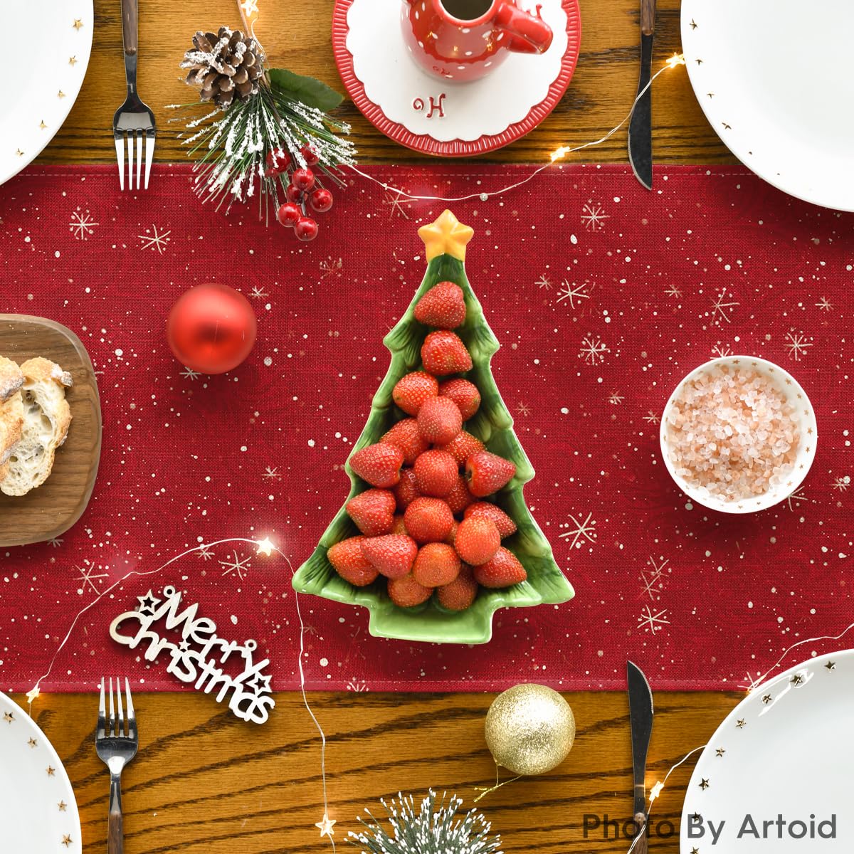 Artoid Mode Table Runner, Christmas Snowman & Trees Design, 13" x 90", Red Polyester, Holiday Decor for Indoor/Outdoor Use