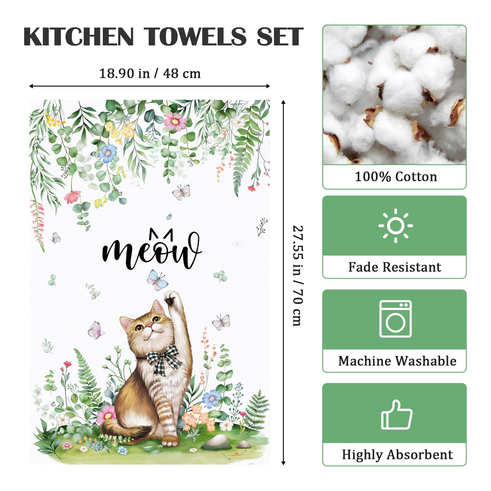Arquiel Cute Cat Tea Towels, Cotton Kitchen Towel 18.9    27.5 Inch, Quick Drying Dish Cloth For Cat Lovers Party Anniversary Ho
