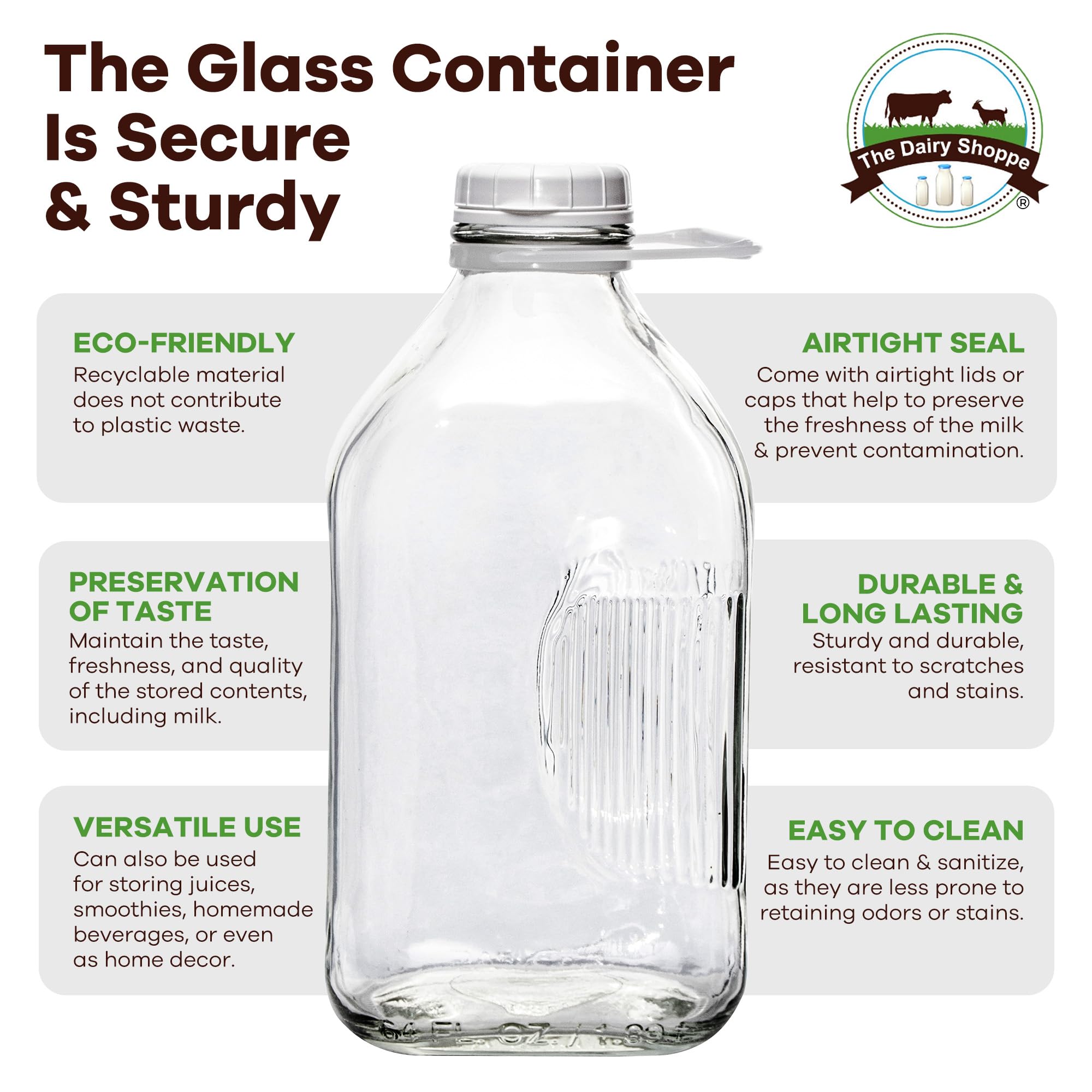 The Dairy Shoppe Heavy Glass Milk Bottles - Jugs With Lids, Silicone Pour Spouts - Clear Milk Containers For Fridge - Reusable G
