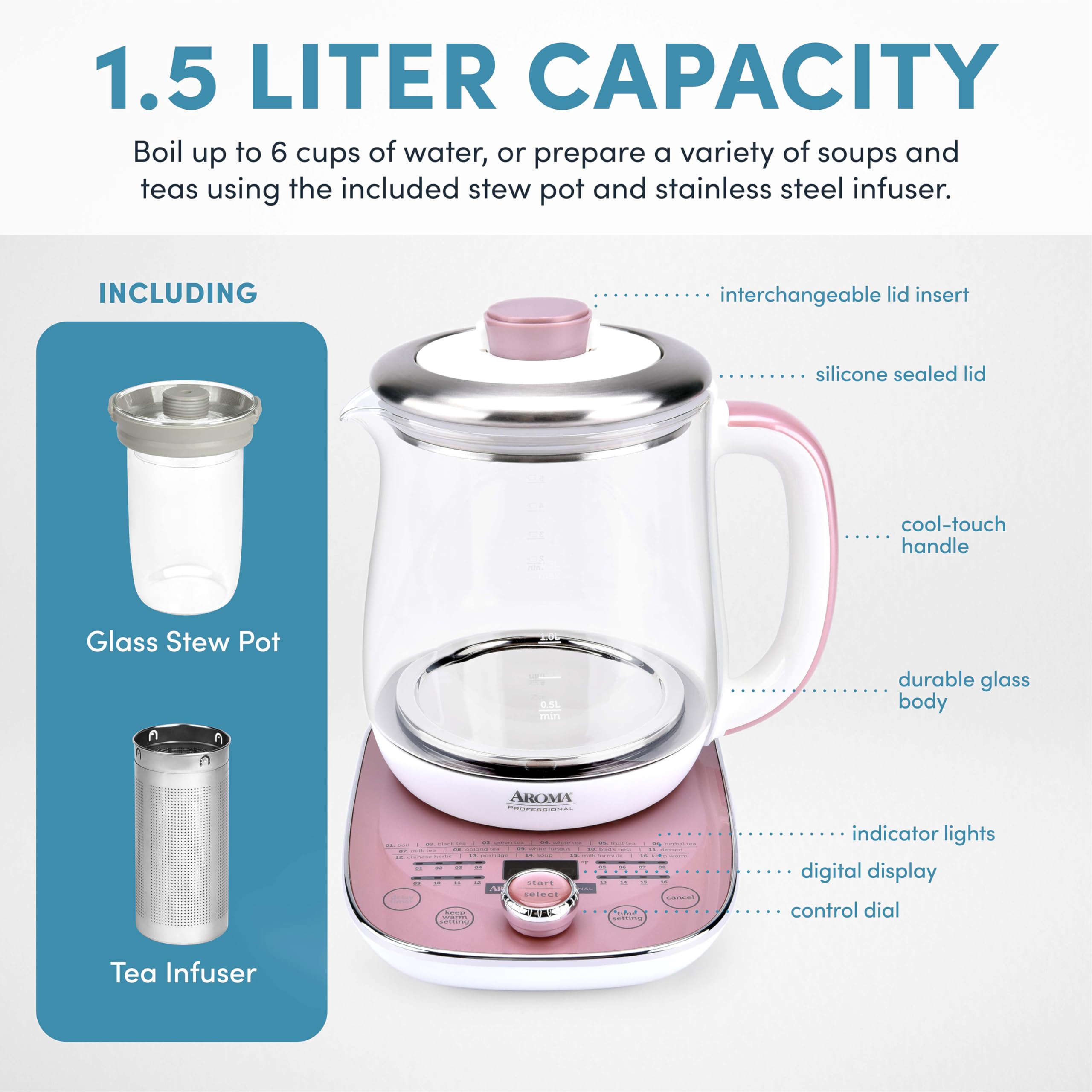 Aroma Professional Awk-701 16-In-1 Nutri-Water, Green, Fruit, Flower Tea, Coffee, Multi-Use Kettle, Delay Timer, 1.5L, Pink