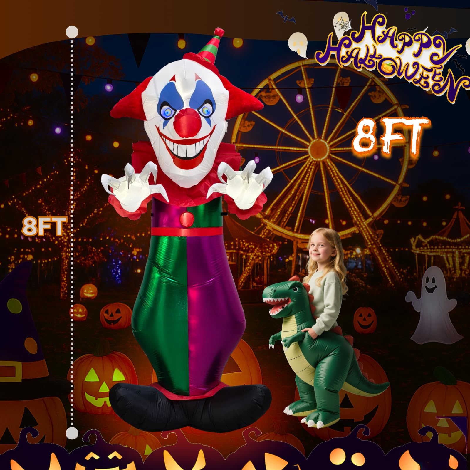 ZOOMATOOE 8 FT Halloween Inflatables Clown Outdoor Decorations, Halloween Blow Up Clown with Creepy Smile Built-in LED Lights or