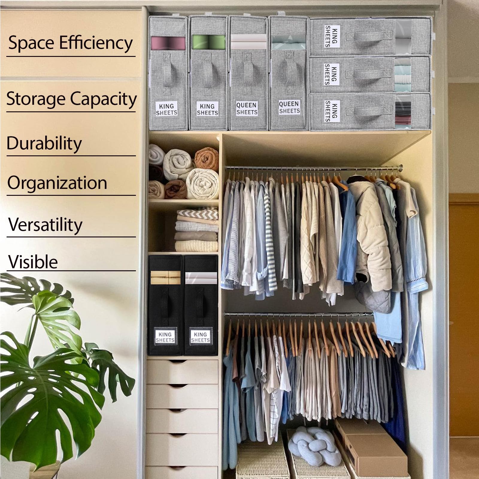 Bed Sheet Organizers and Storage Foldable Linen Sheet Organizer with Window and Label Organizing Bedding Container Queen King Si