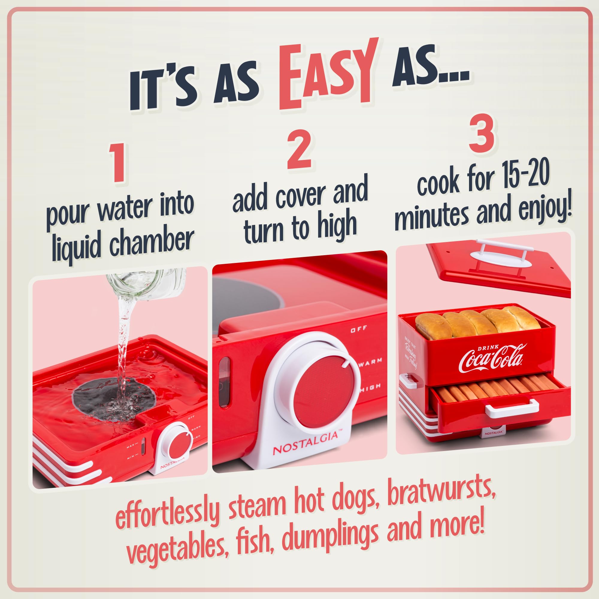 Nostalgia Coca-Cola Hot Dog Steamer & Bun Warmer, 24 Hot Dog & 12 Bun Capacity, Red Plastic, Model: Coca Cola