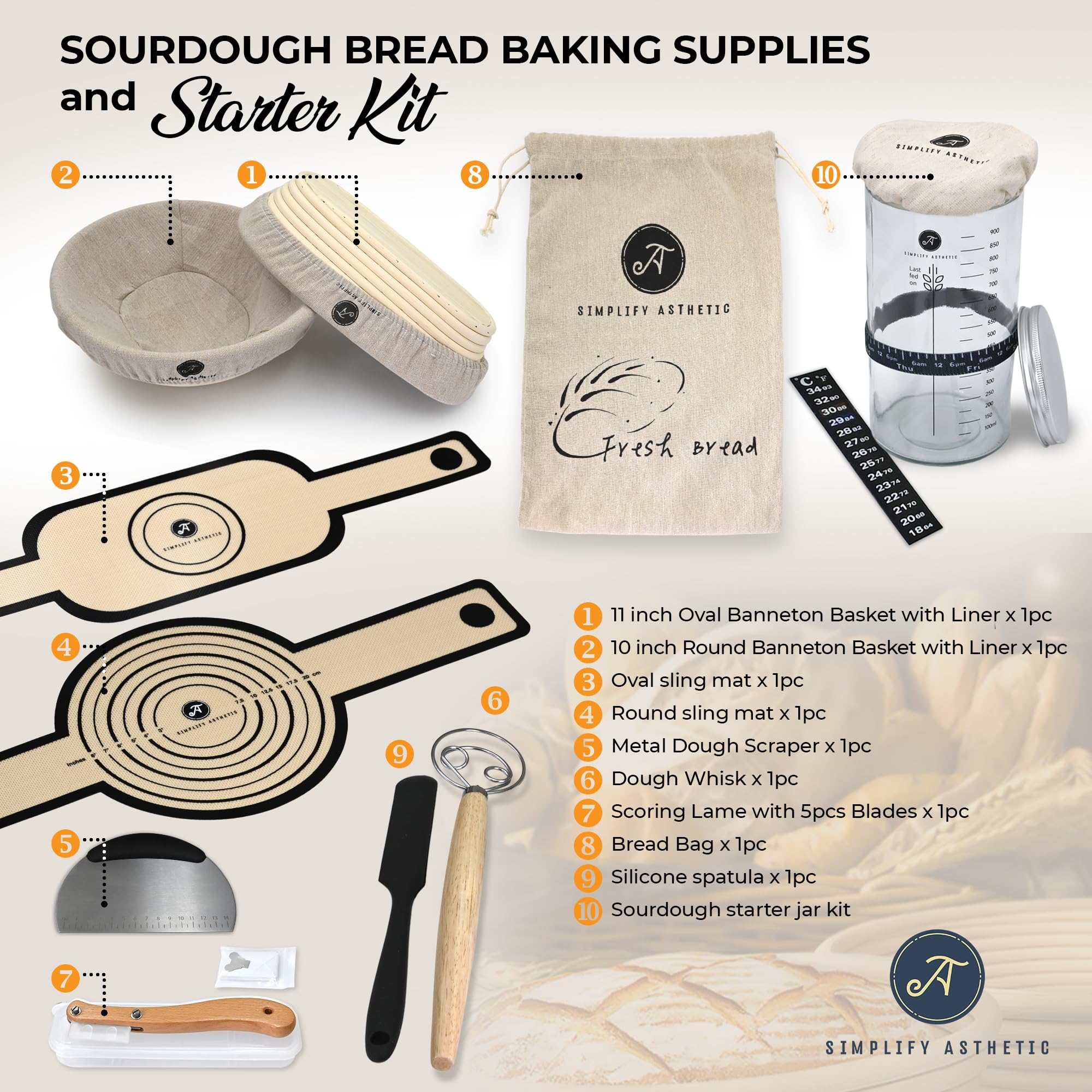 Premium Banneton Bread Proofing Baskets - 11Oval &10Round Sourdough Proofing Basket With Liners - Sourdough Starter Jar Kit