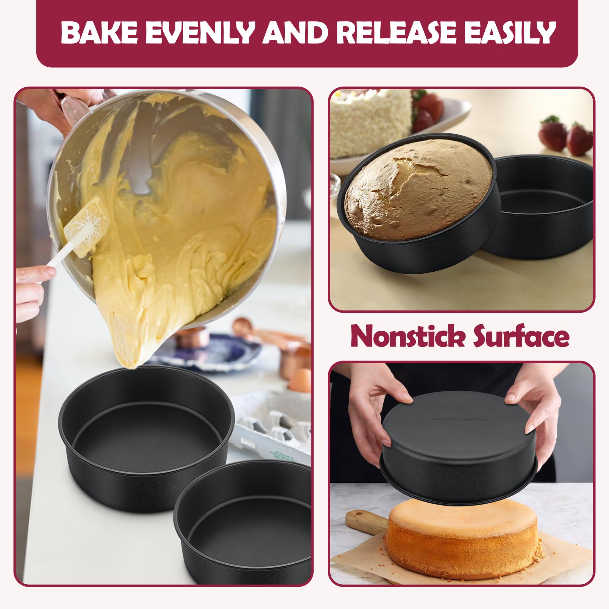 E-Far 8 Inch Cake Pan Set Of 3, Nonstick Round Baking Layer Cake Pans, Stainless Steel Core & Non-Toxic Coating, 2 Inch Deep (Bl