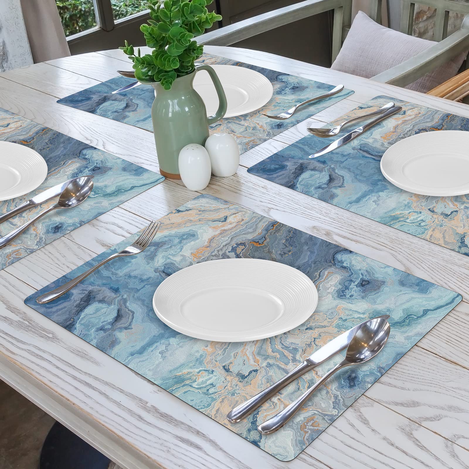 Marble Faux Leather Placemats Dining Table Mat Set, Indoor Placemats Set Of 4, Non-Slip/Wipe Clean Dining Table Mat Set, Heat-Re