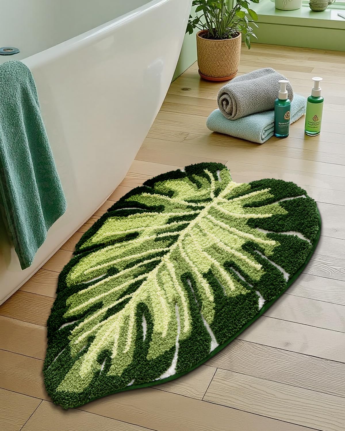 Lumi Cute Bathroom Rugs With Green Leaf Plant, Soft, Fluffy, Plush, Absorbent, Quick Dry, Non Slip, Machine Washable For Shower