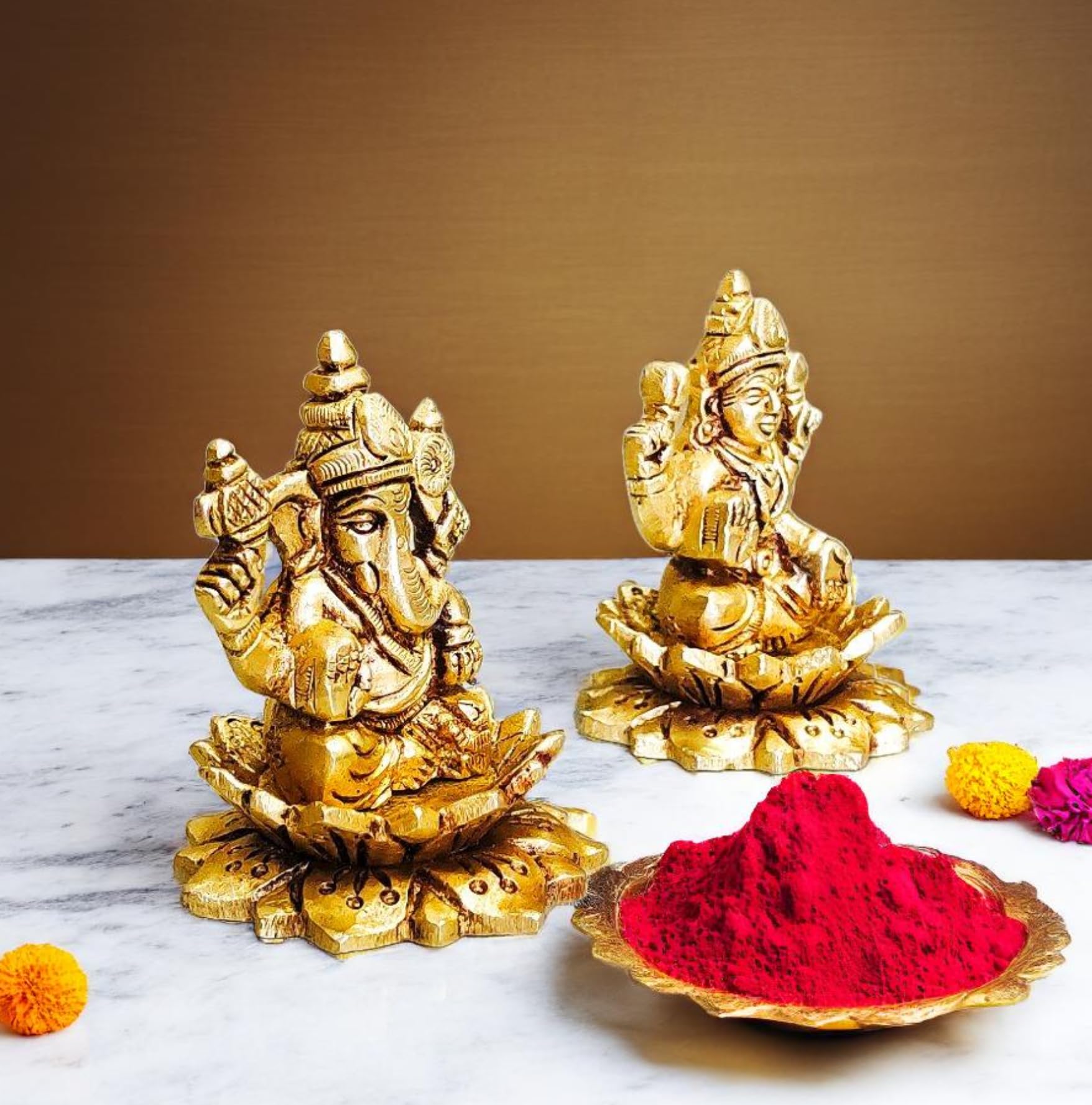 Sanskriti Decor Presents Brass Ganesha Laxmi Ganesh Lakshmi Bhagwan Idol Sitting On Lotus Ganpati Murti Statue For Home Office P