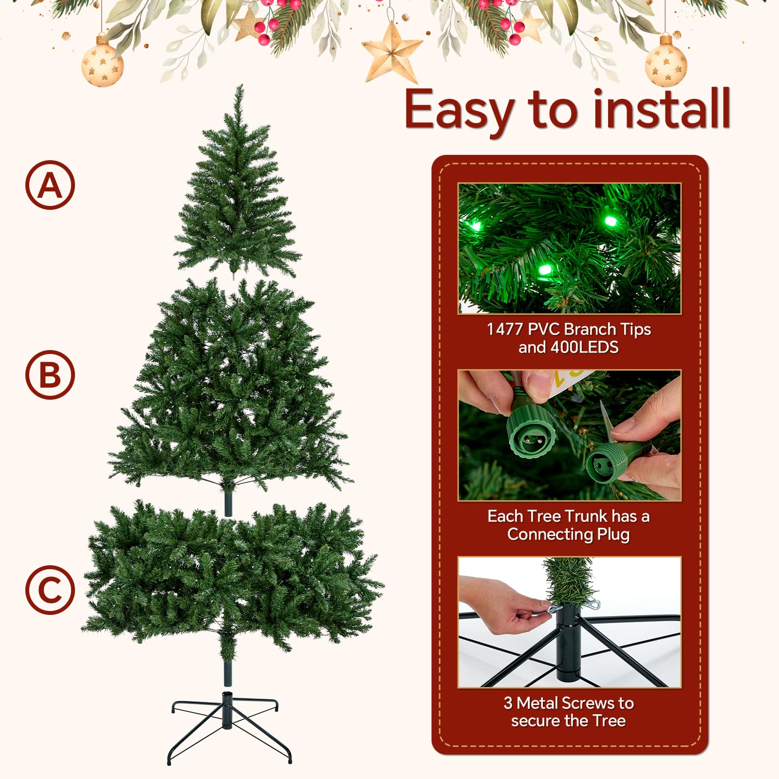 HOLILLUMA 7.5FT Pre-lit Christmas Tree, RGB Color Changing Smart Artificial Christmas Tree with Lights, 1477 PVC Branch Tips, Ap