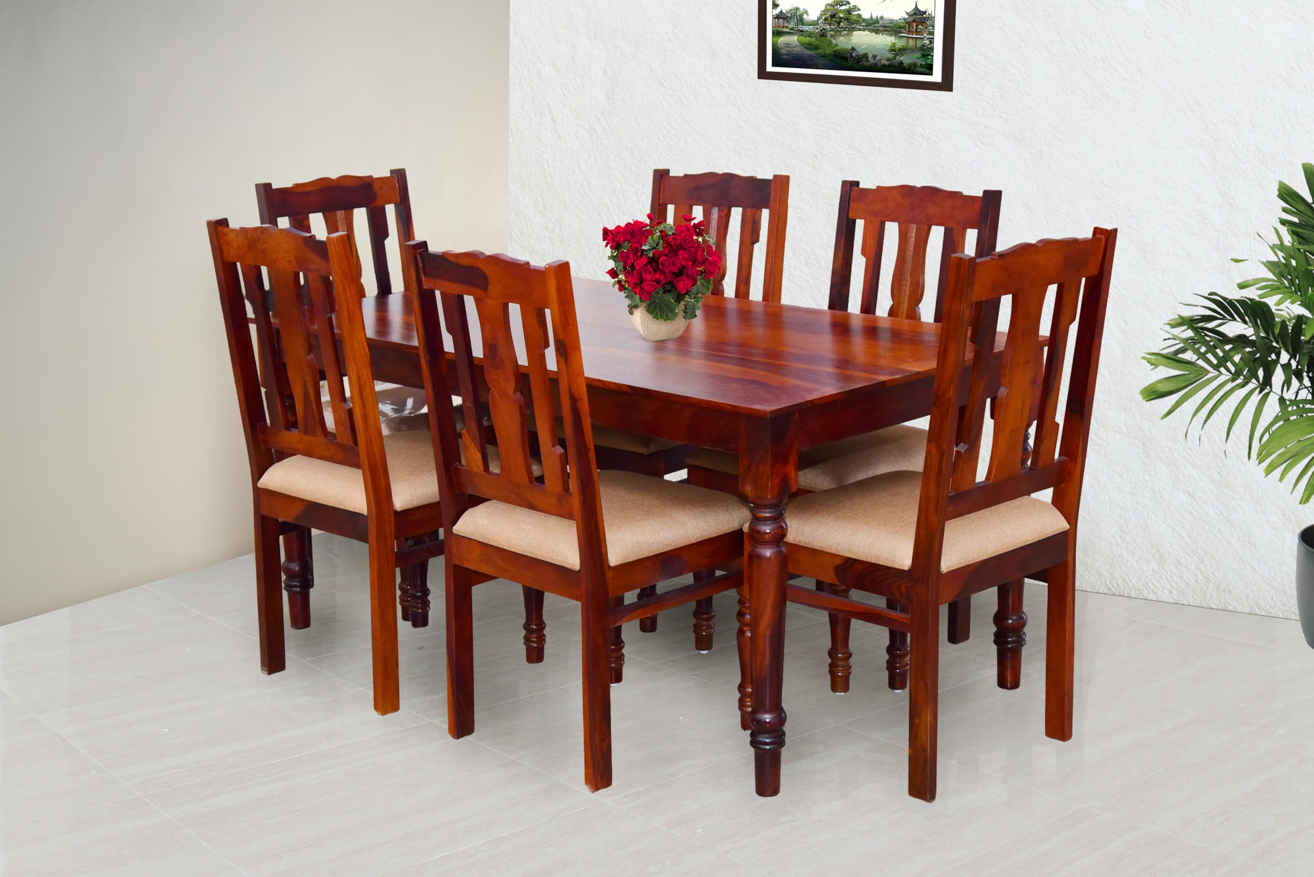 Furniseworlds Sheesham Wood 6Seater Dining Table Set With Cushioned Chairs | Solid Wooden Furniture For Home & Kitchen (Maple, 