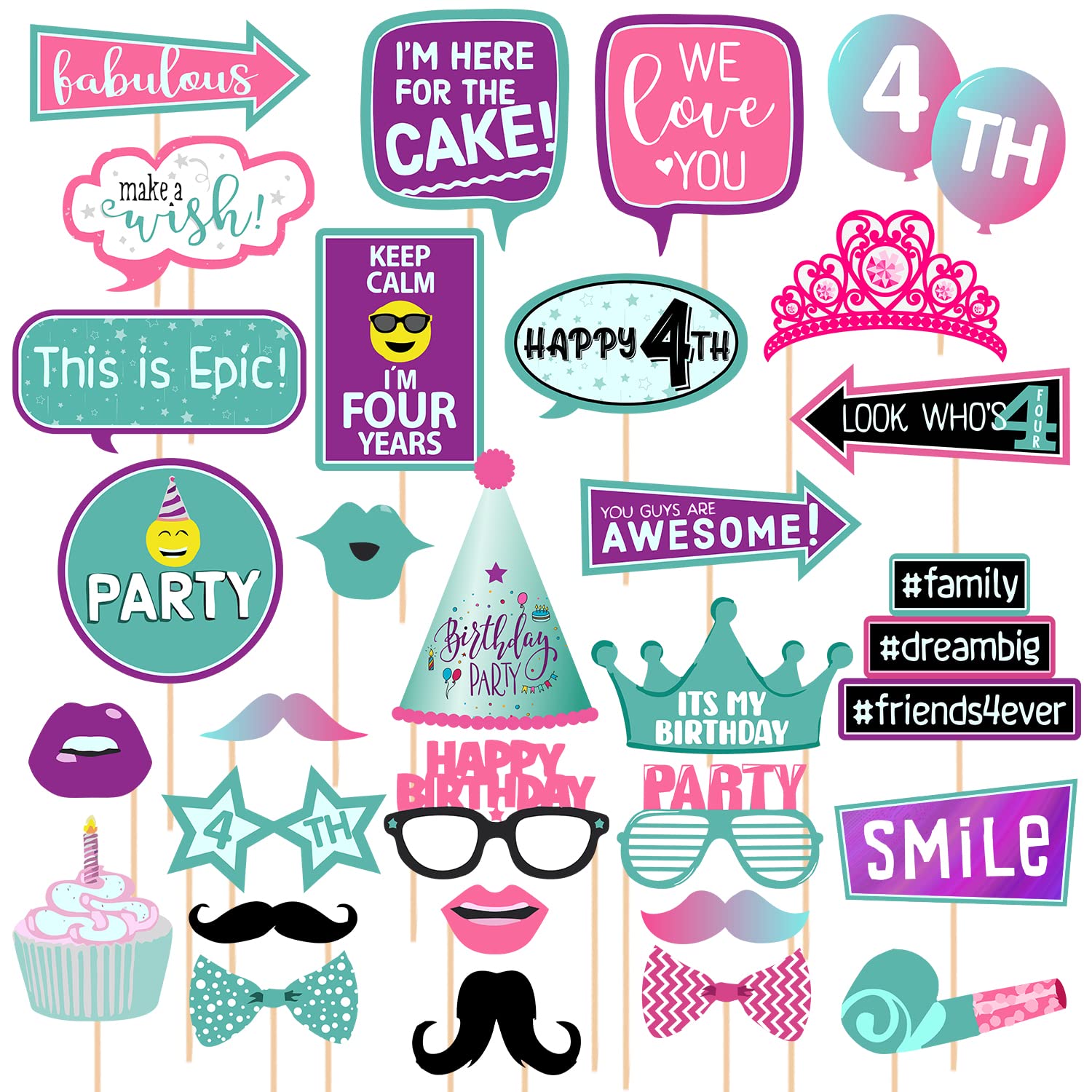 Zyozique 30 Pieces 4th Birthday Photo Booth Props Kit Colorful Funny Kid 4th Birthday Theme Celebration Decorations