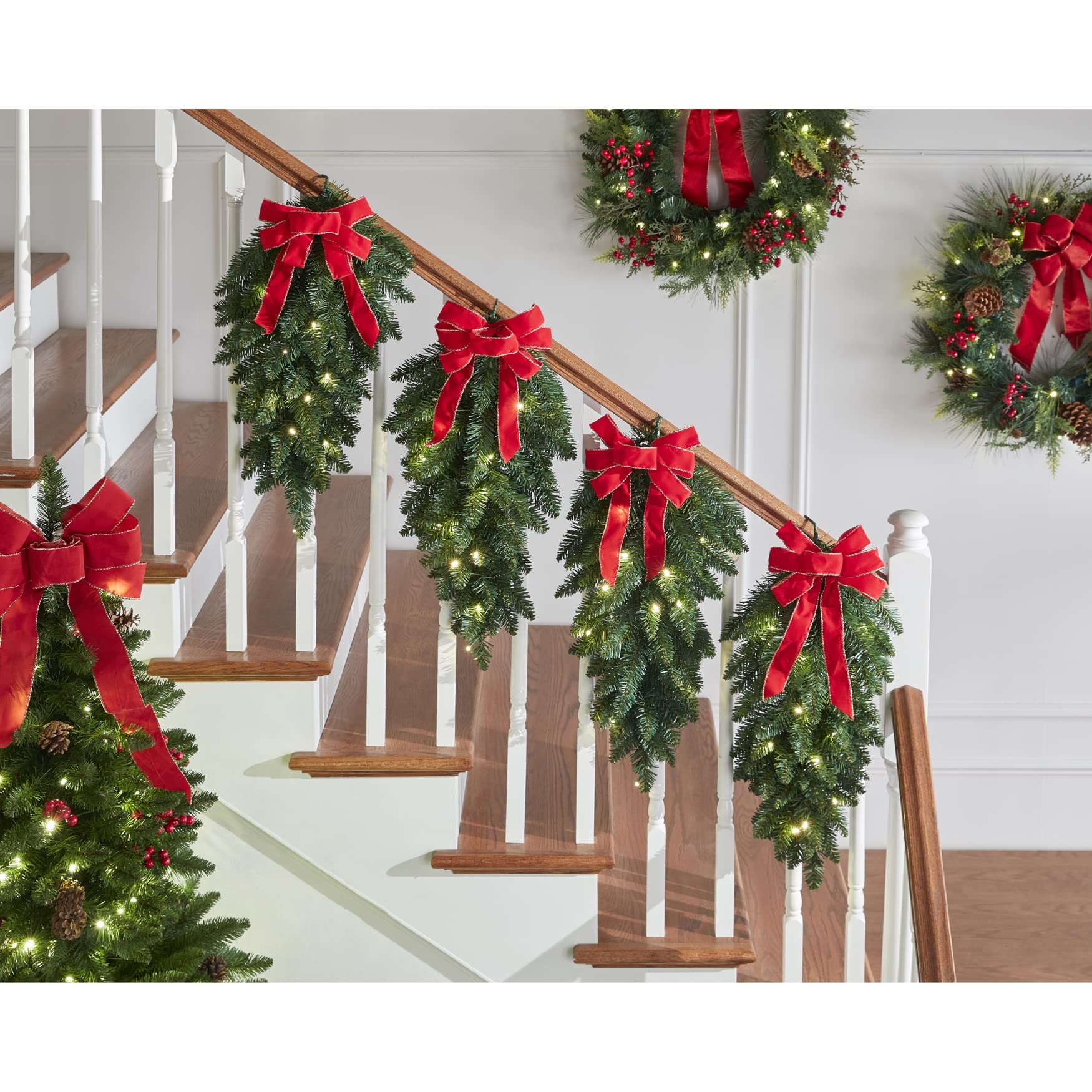 BrylaneHome Pre-Lit Swags with Plaid Bows, Set of 4 - Green Red