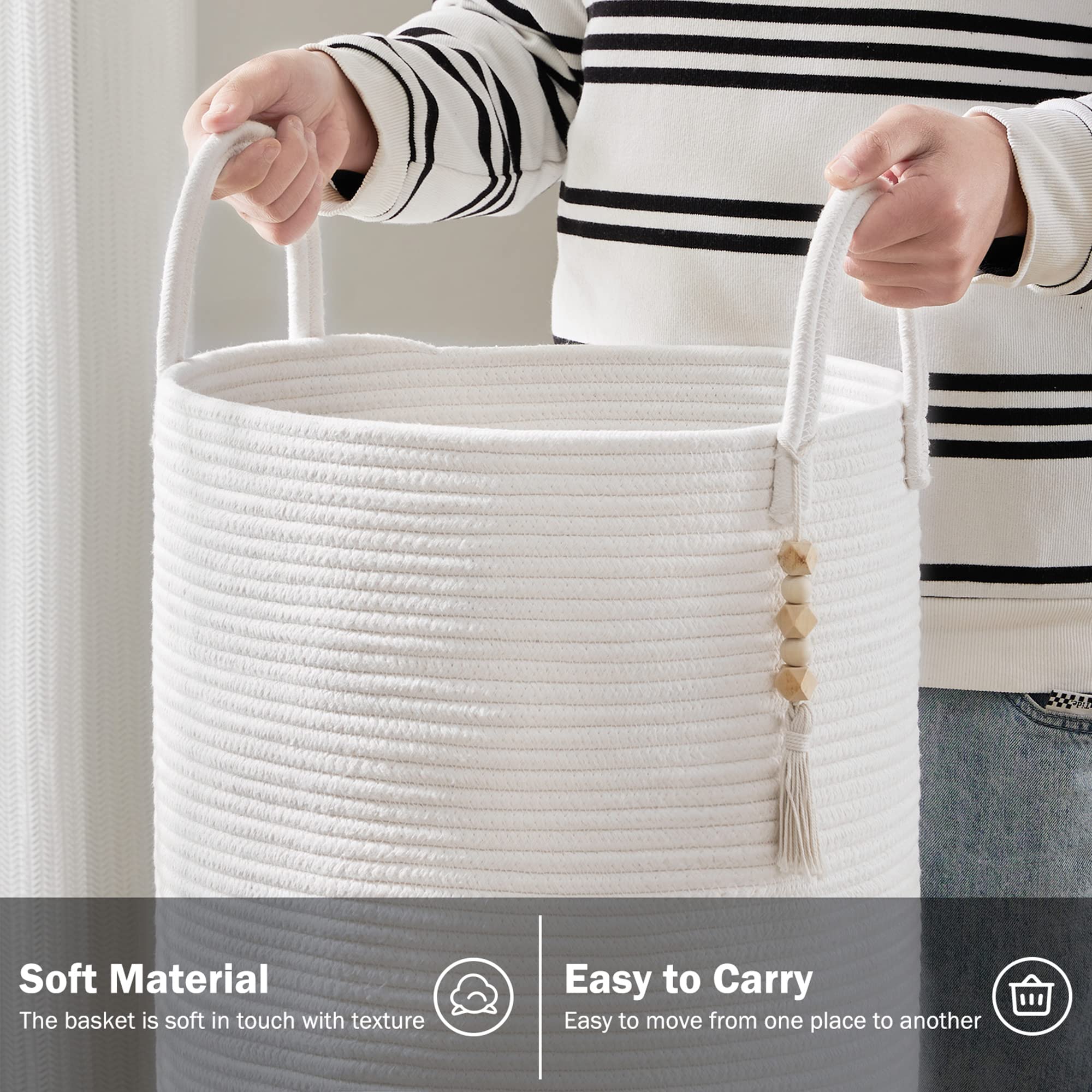 Youdenova Cotton Rope Laundry Hamper Basket, 58L Tall Woven Collapsible Baskets For Blanket Organizing Clothes Hamper For Laundr