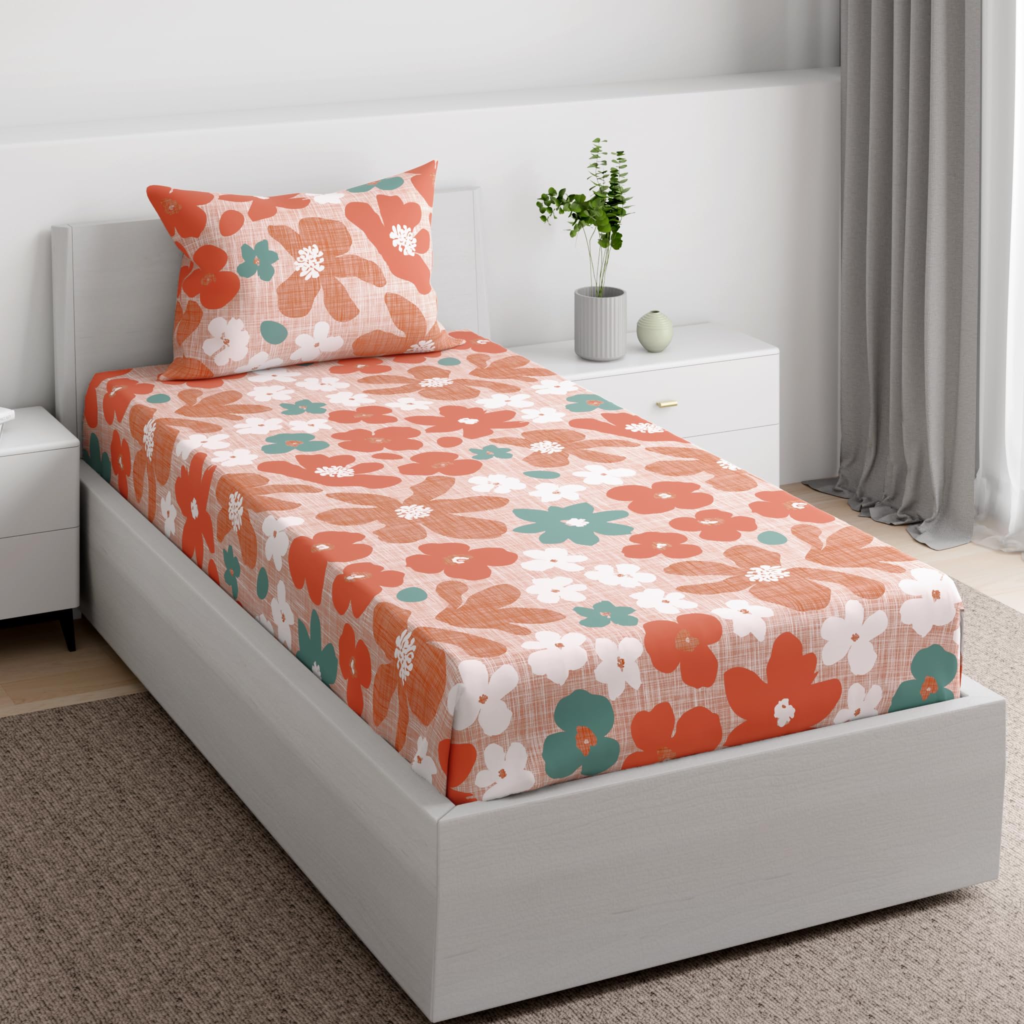 Wakefit Essentials 100% Cotton Super Soft Fitted Bedsheet With 1 Pillow Cover | Kesia Single, 72 X 30, Kesia | 1.83M X 76Cm