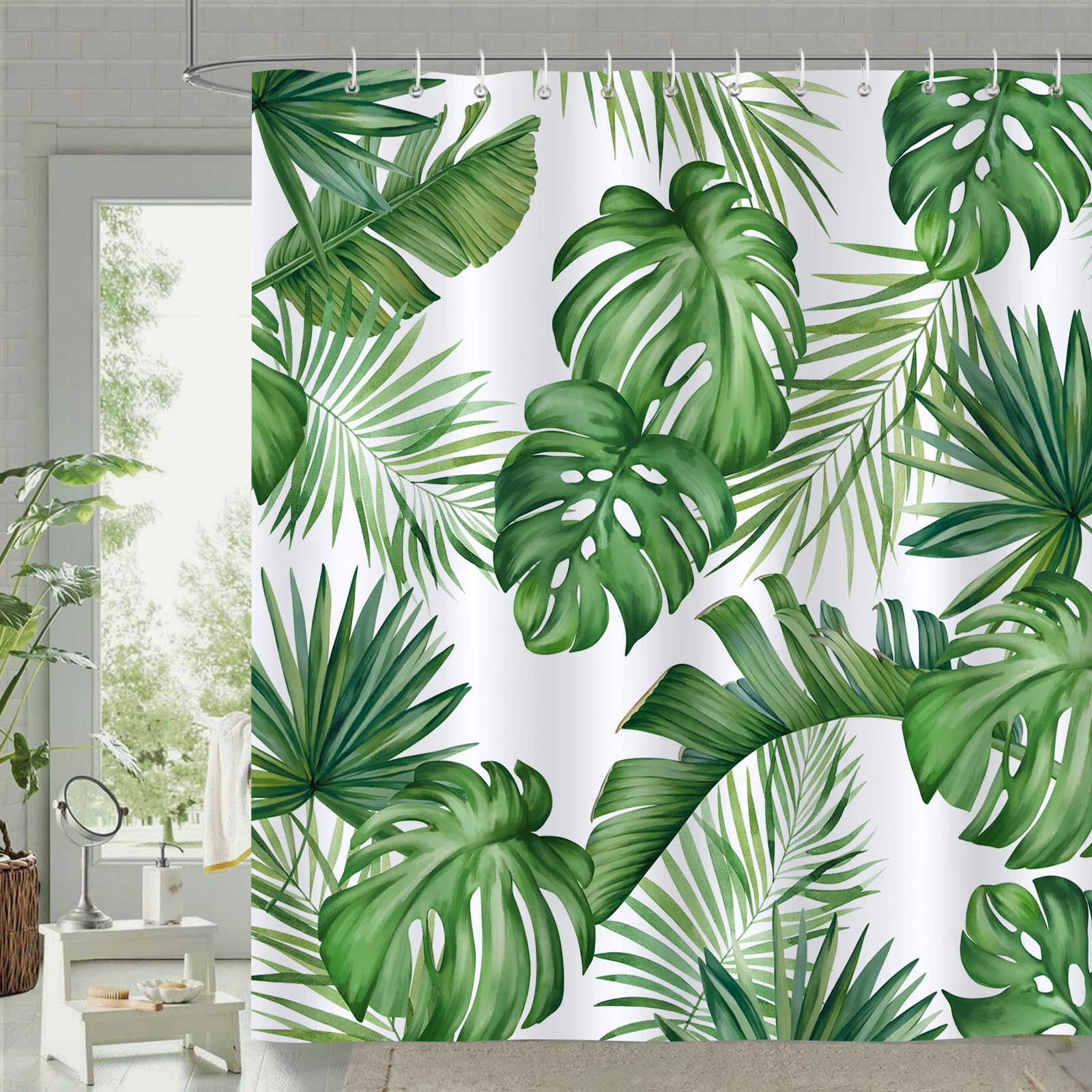 Bonhause Tropical Leaves Shower Curtain Green Palm Monstera Leaf Decorative Bath Curtain 72 X 72 Inch Polyester Fabric Waterproo